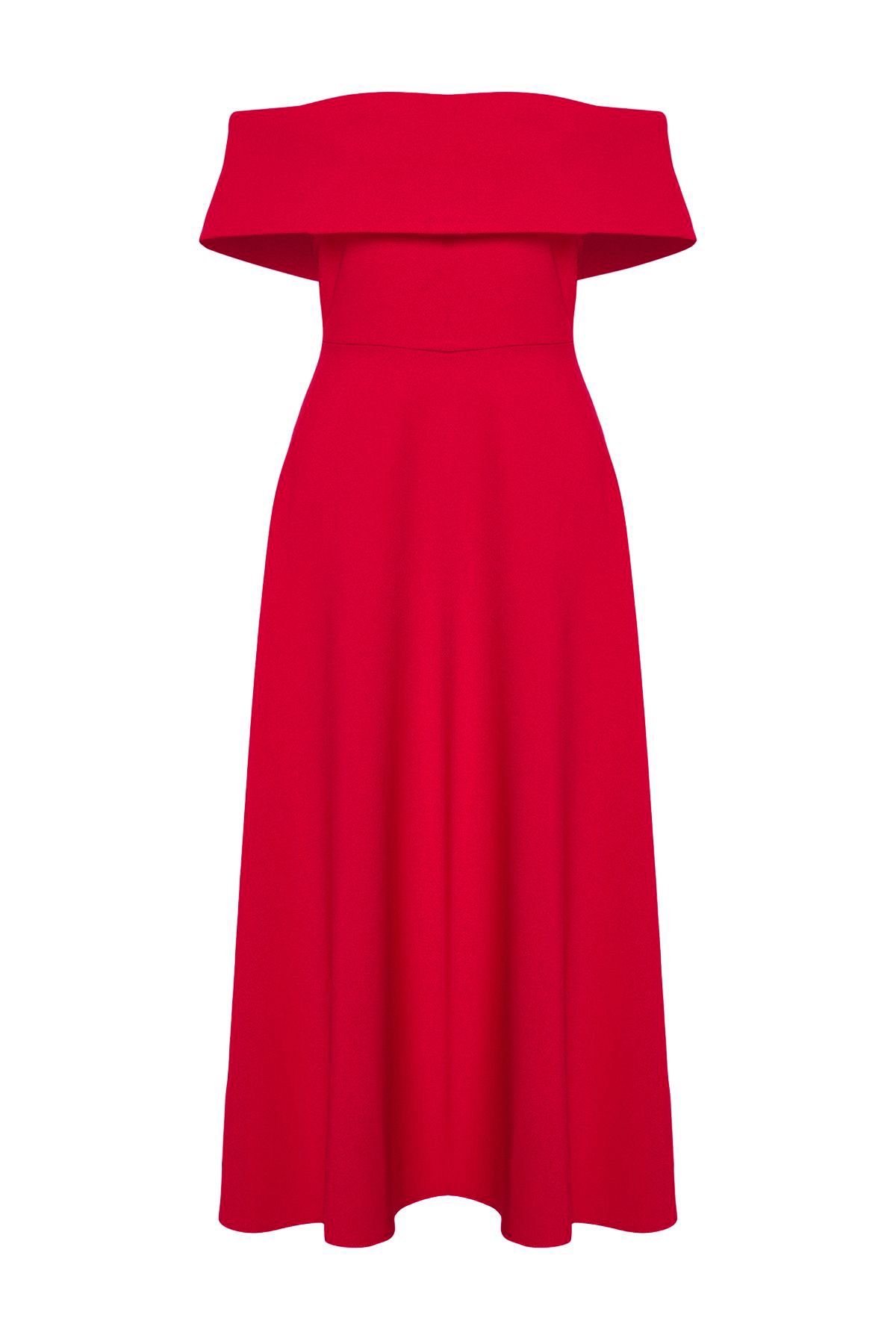 Trendyol Collection-Stylové večerní šaty s červeným límcem a tkaným detailem A-Line TPRSS24EL00210 7