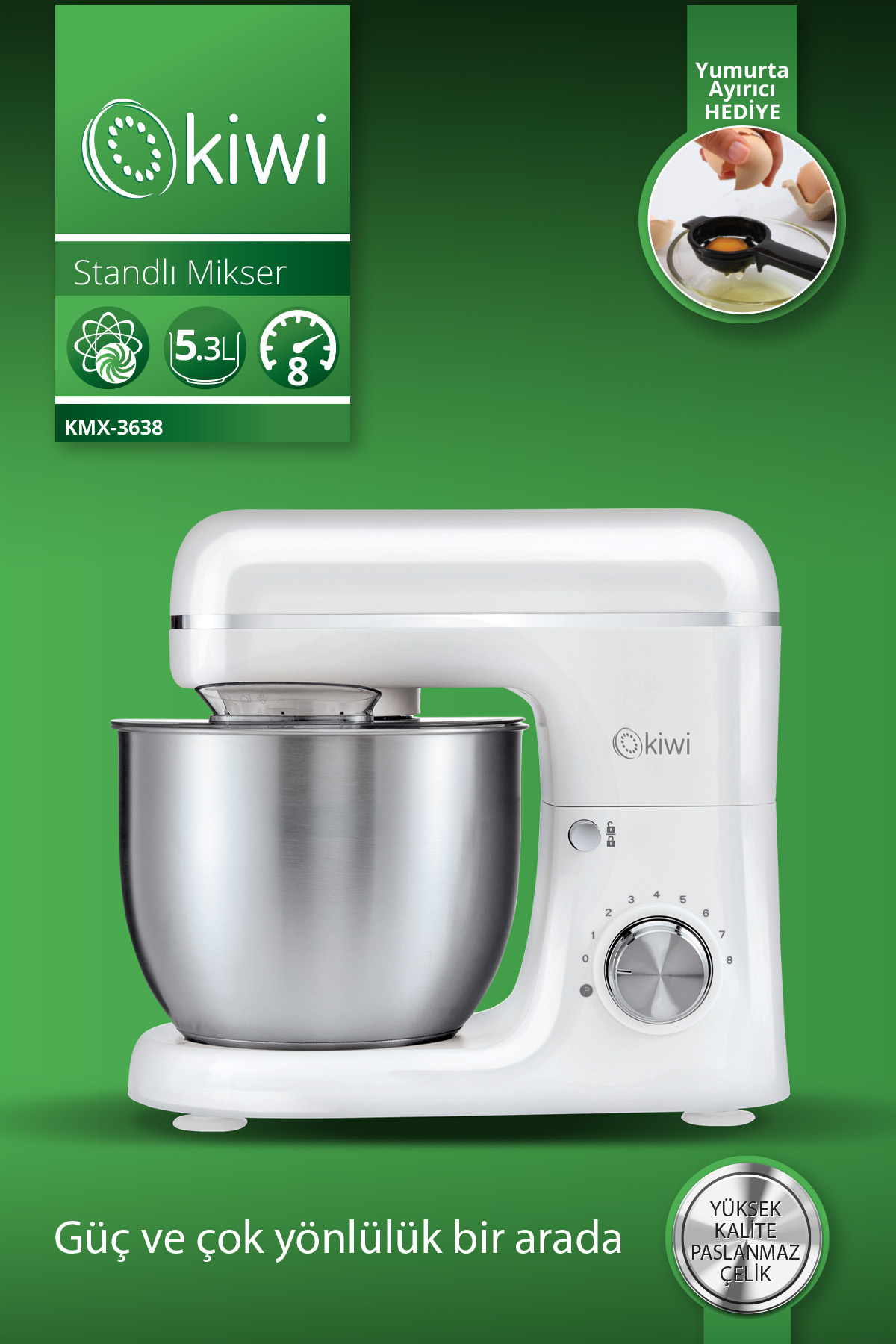 Kiwi Kmx-3638 Hamur Yoğurma & Stand Mikser 5,3 Lt 1300w 8 Hız Kademeli Mutfak Şefi Beyaz