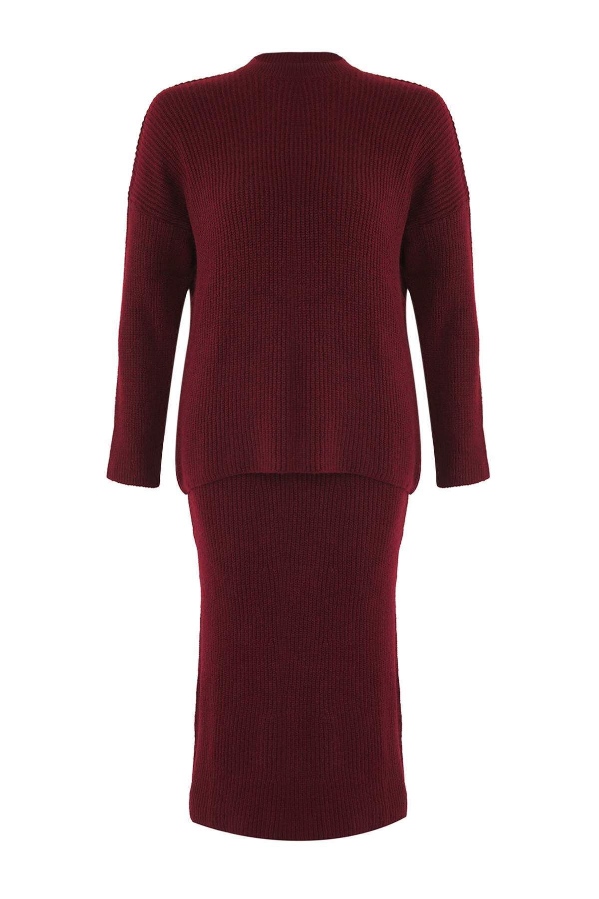 Trendyol Curve-Claret Red Crew Neck Κορδόνι Πλεκτά και Πουλόβερ & Σετ κάτω από το κάτω μέρος 5
