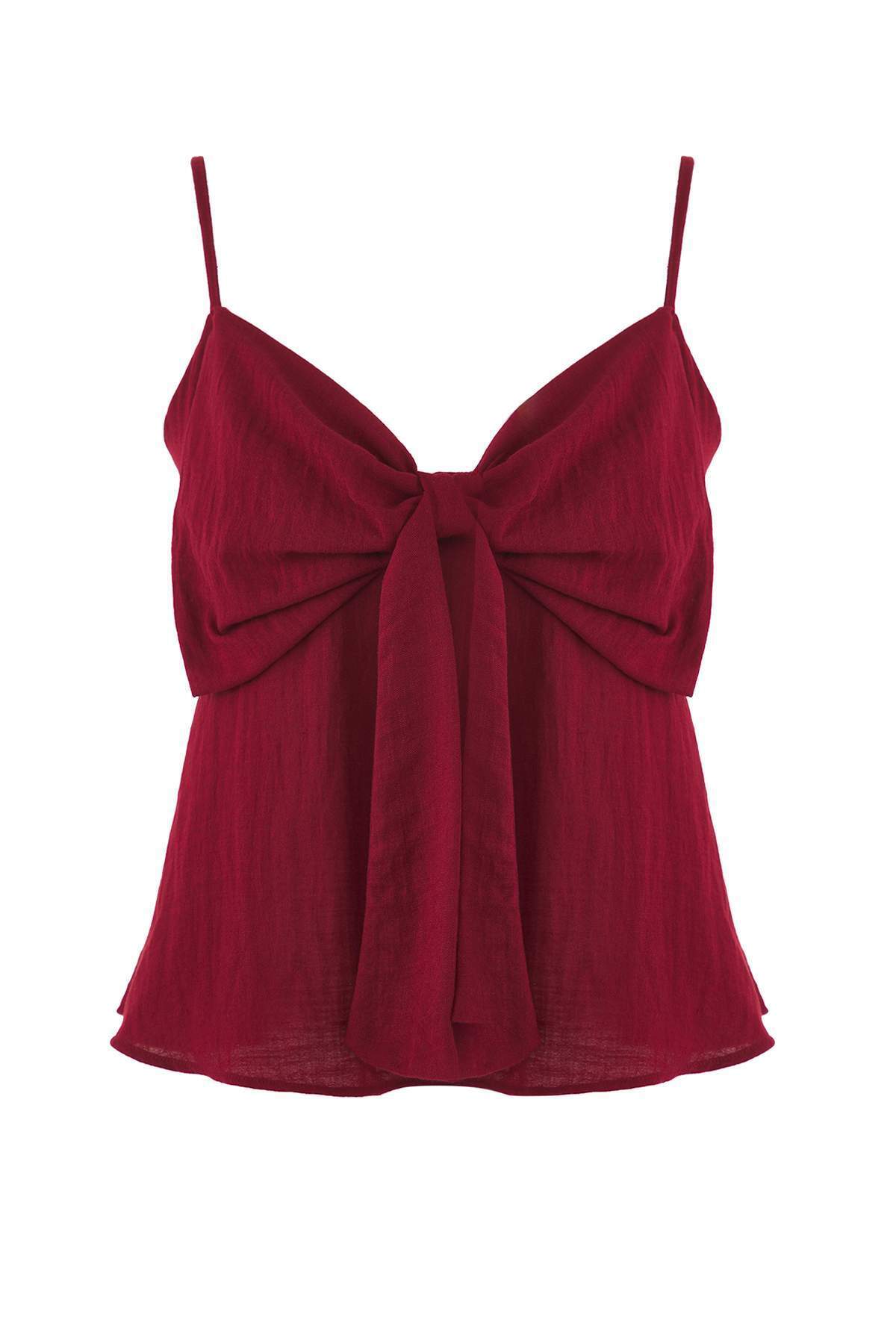 Trendyolmilla  Koyu Kırmızı Keten Görünümlü Fiyonk Detaylı Askılı Dokuma Bluz TWOSS25BZ00249 - Görsel 5