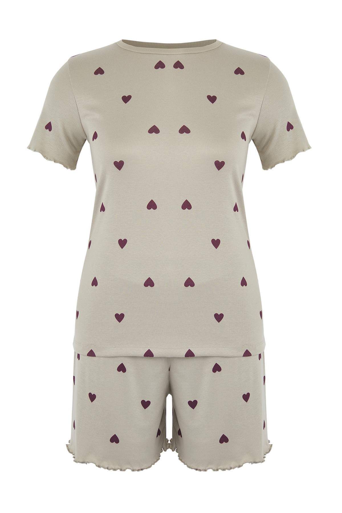 Trendyol Curve-Mint Heart Slogan Tištěné elastické šortky Pletené pyžamo Set TBBSS25AI00162 5
