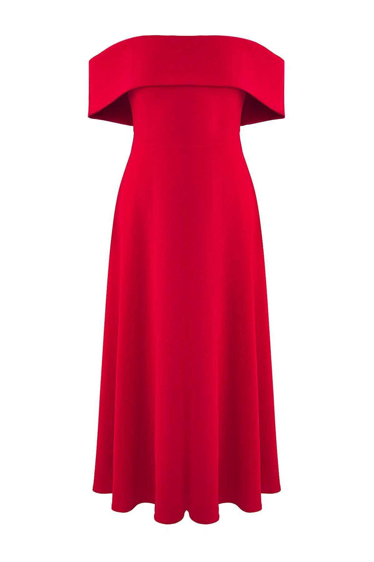 Trendyol Collection-Stylové večerní šaty s červeným límcem a tkaným detailem A-Line TPRSS24EL00210 9