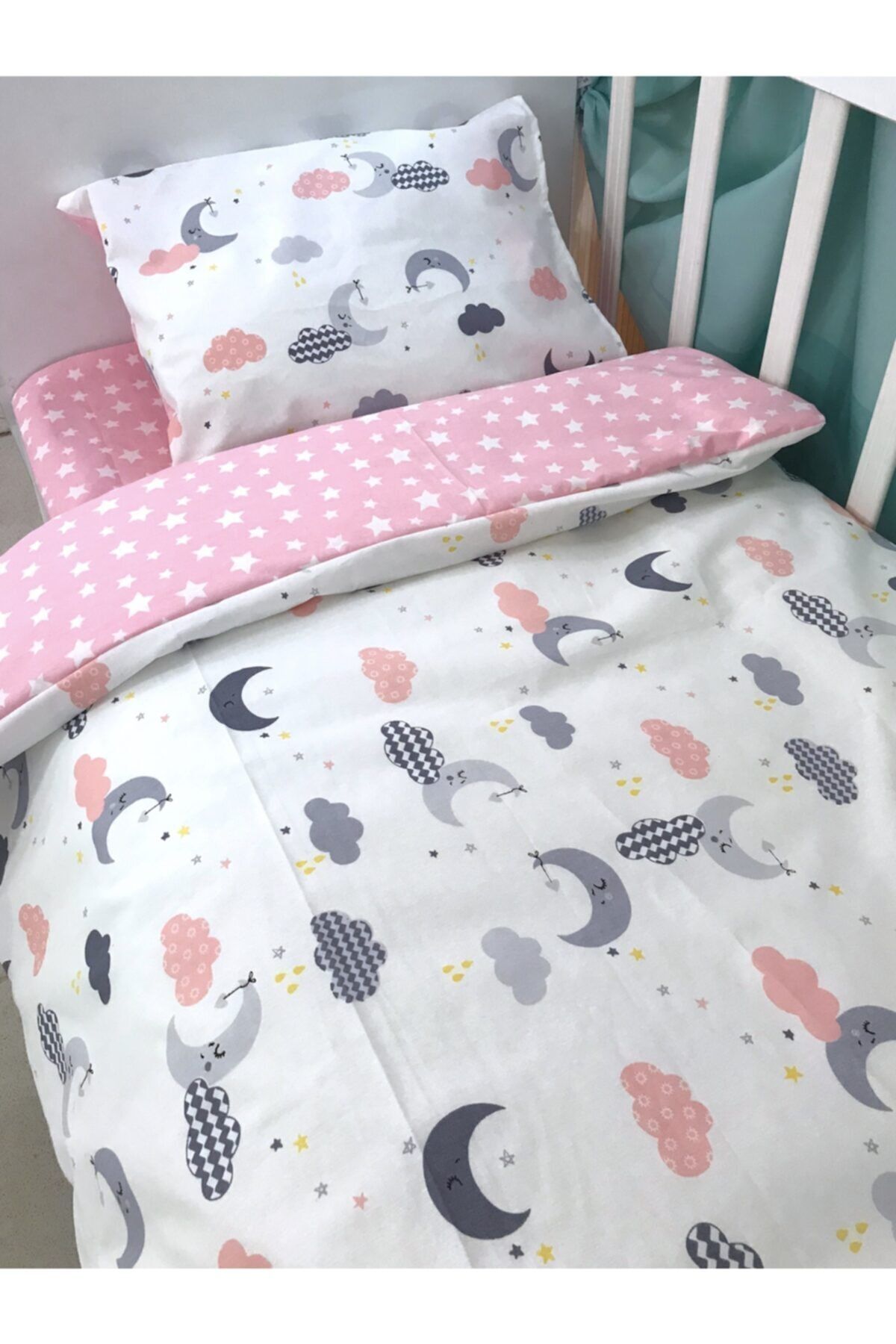Bebek Özel Pamuklu Bebek/çocuk 70x120 Park Beşik Için Yastık Çarşaf Yorgan Uyku Seti Pembe Gri Ay Bulut fotoğrafı 2 (önizleme)