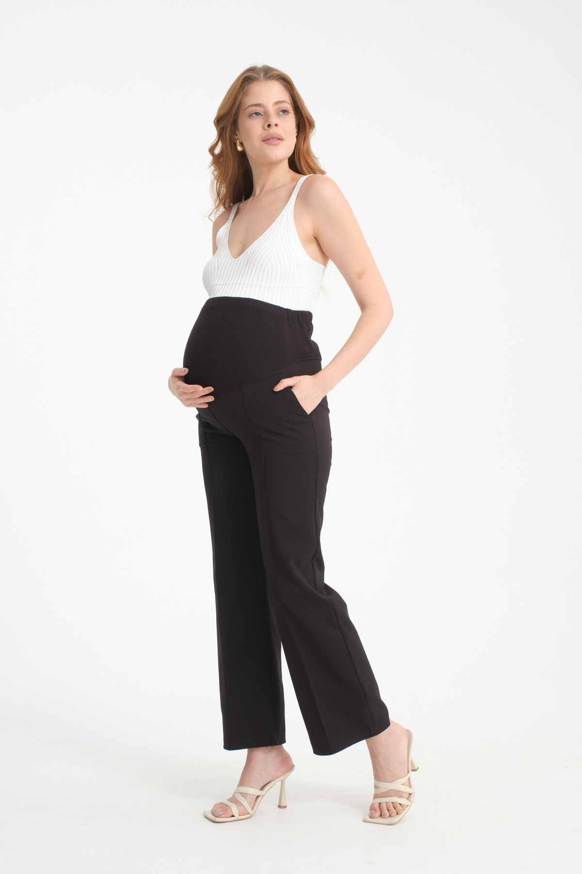 KATLİN MATERNİTY WEAR Adjustable Waist and Front Stitched Wide Leg Fabric Trousers for Pregnant Women