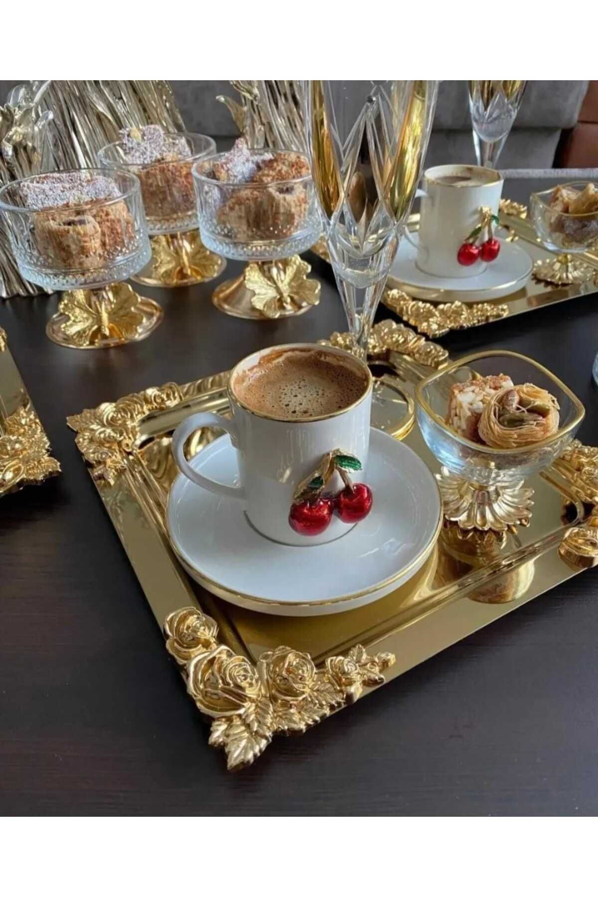 Elk Home Lüx 4 Köşe Gold Aksesuarlı 1 Adet Gold Kaplama Kare Model Çay Kahve Sunum Ikram Söz Nişan Tepsisi