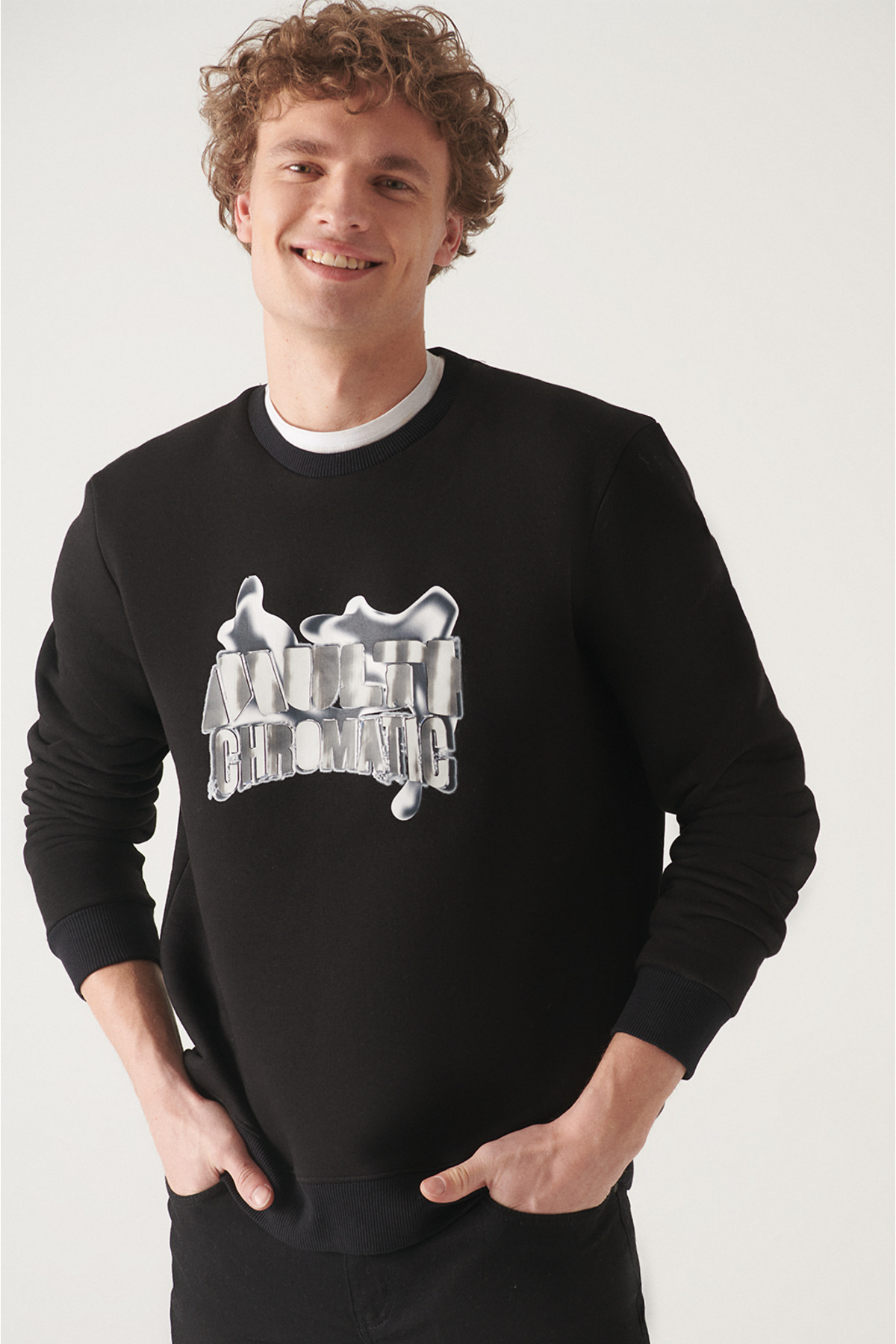 Avva-Schwarzes Herren-Sweatshirt mit Rundhalsausschnitt und 3-Faden-Aufdruck A22Y1243 3