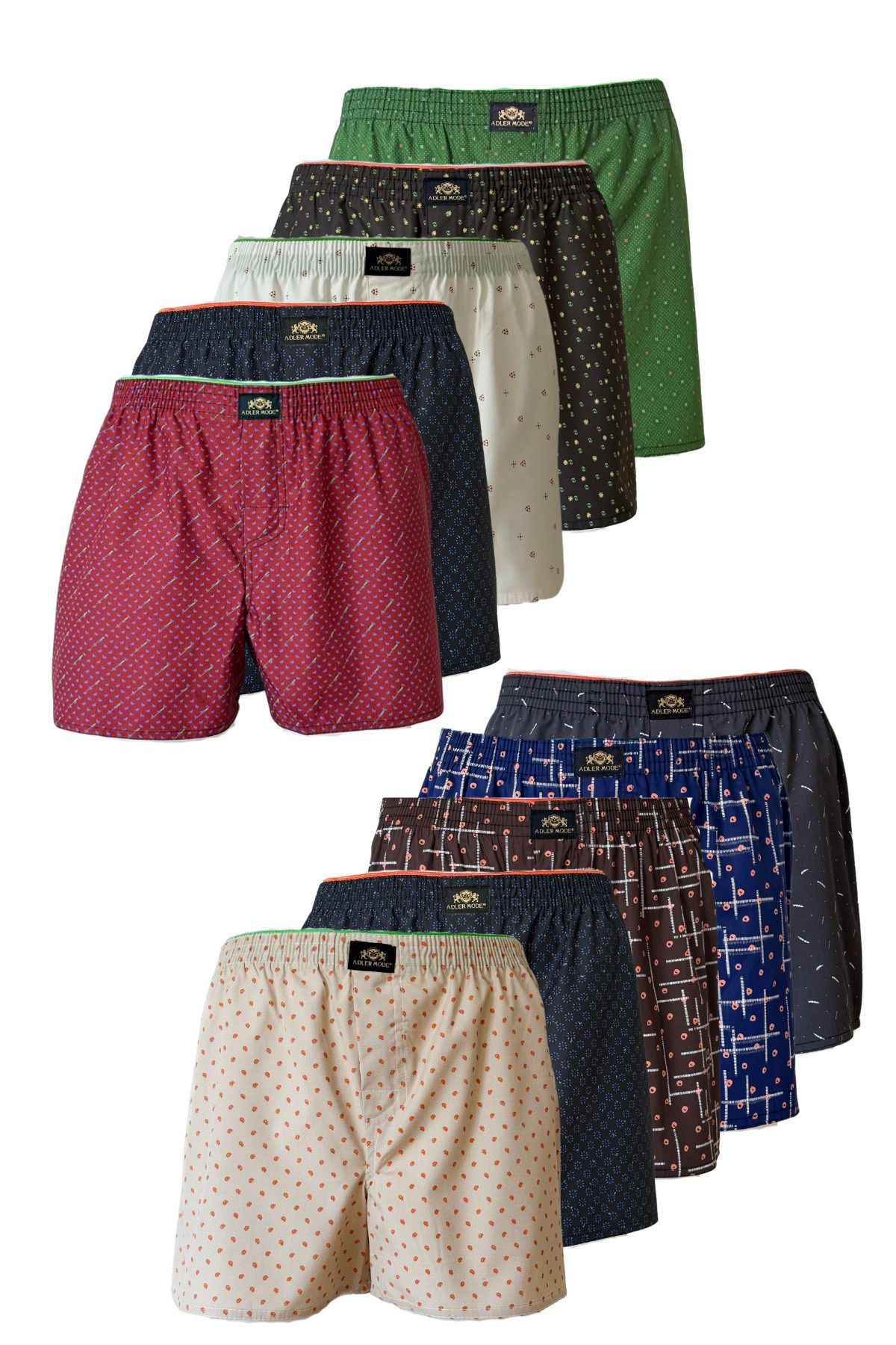ADLER MODE Erkek Poplin Boxer 10'lu Set – Karışık Renk & Desen – Pamuklu – Rahat Kalıp