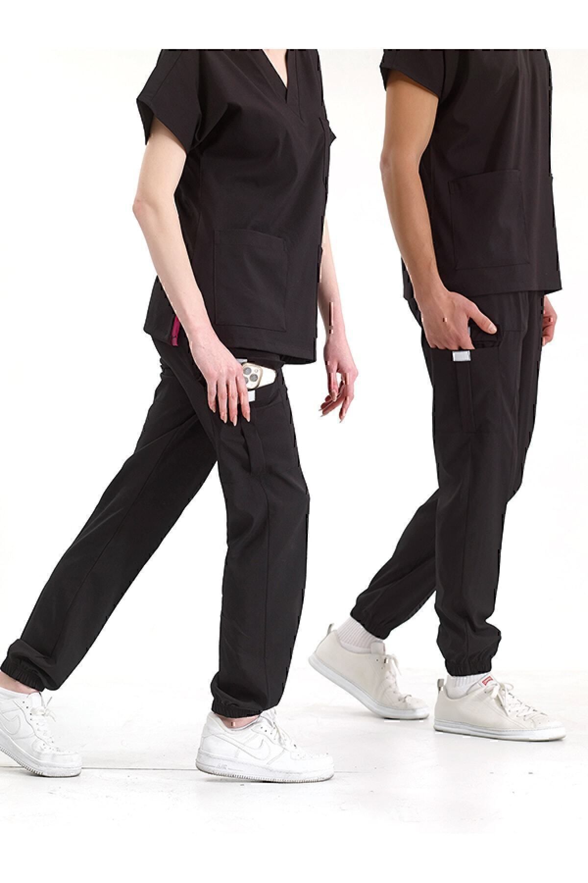 ÇİZGİ MEDİKAL-Scrubs de jogger negru din Lycra de înaltă calitate - Set uniform de lux 3