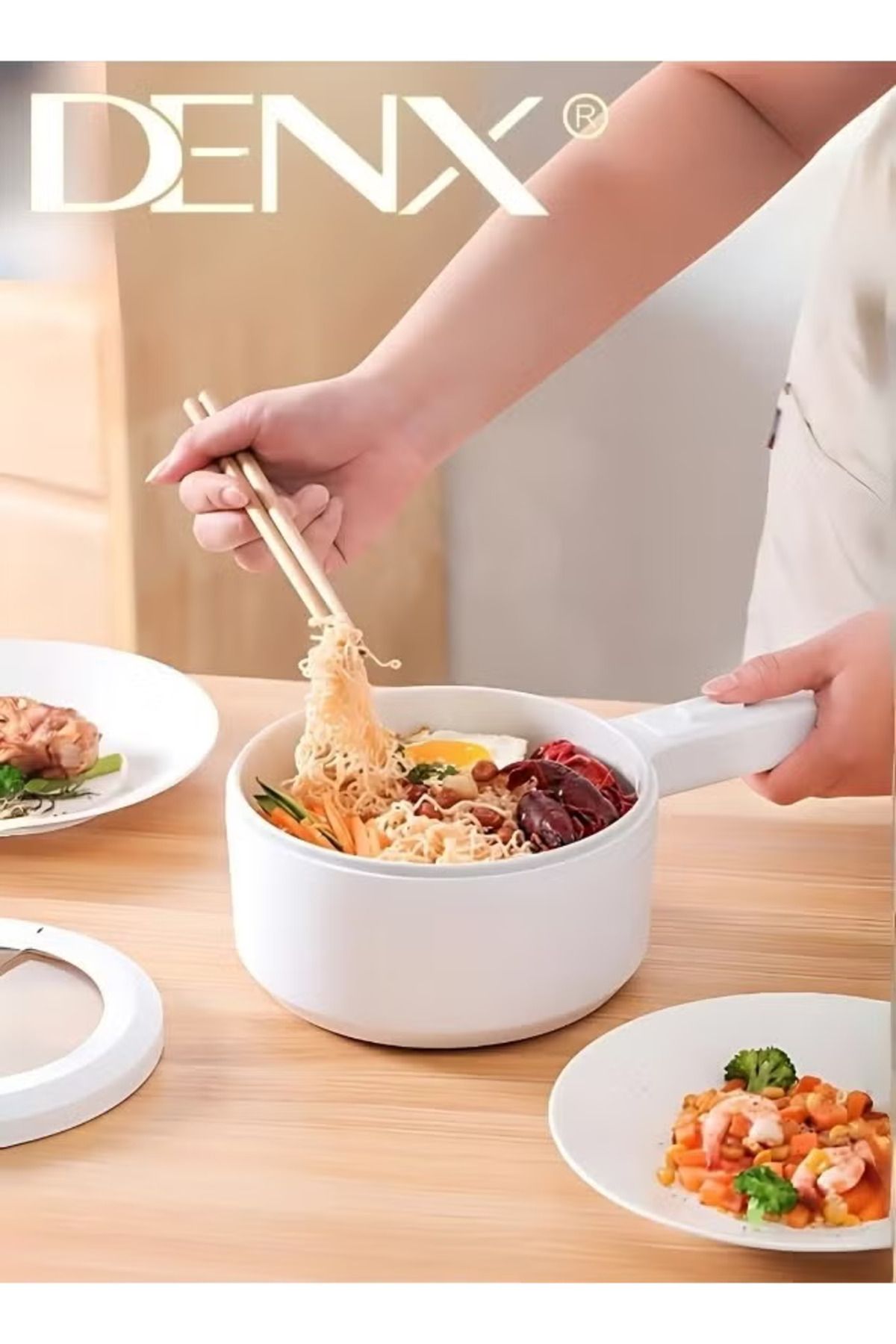 Denx-Electric Heating Pot 2L with Steamer and Temperature Control, Non-Stick Cooker, Electric Frying Pan, 2