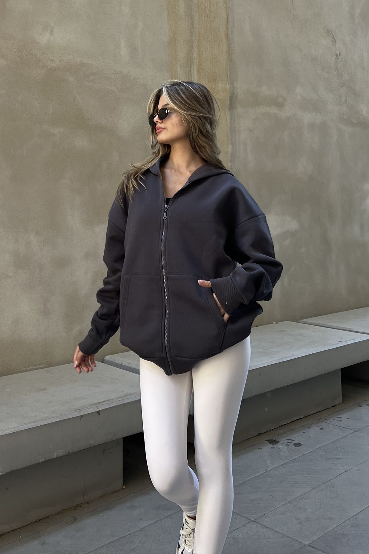 la & vetta Antrasit Kapüşonlu Oversize Fermuarlı Şardonlu Sweatshirt görsel 5