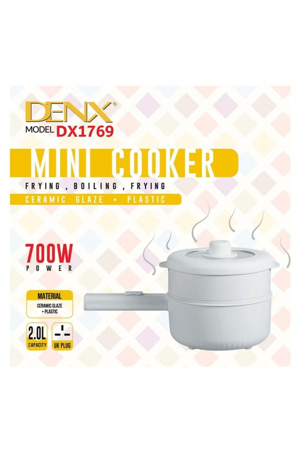 Denx-Electric Heating Pot 2L with Steamer and Temperature Control, Non-Stick Cooker, Electric Frying Pan, 8