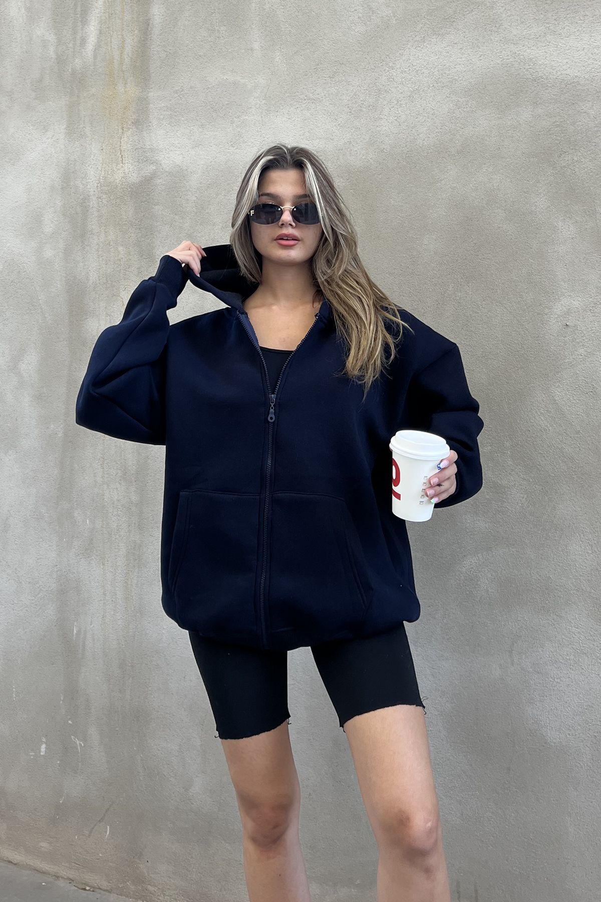 la & vetta  Koyu Lacivert Kapüşonlu Oversize Fermuarlı Şardonlu Sweatshirt - Görsel 4