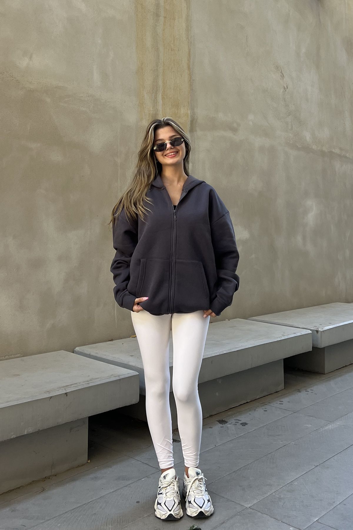 la & vetta Antrasit Kapüşonlu Oversize Fermuarlı Şardonlu Sweatshirt görsel 8
