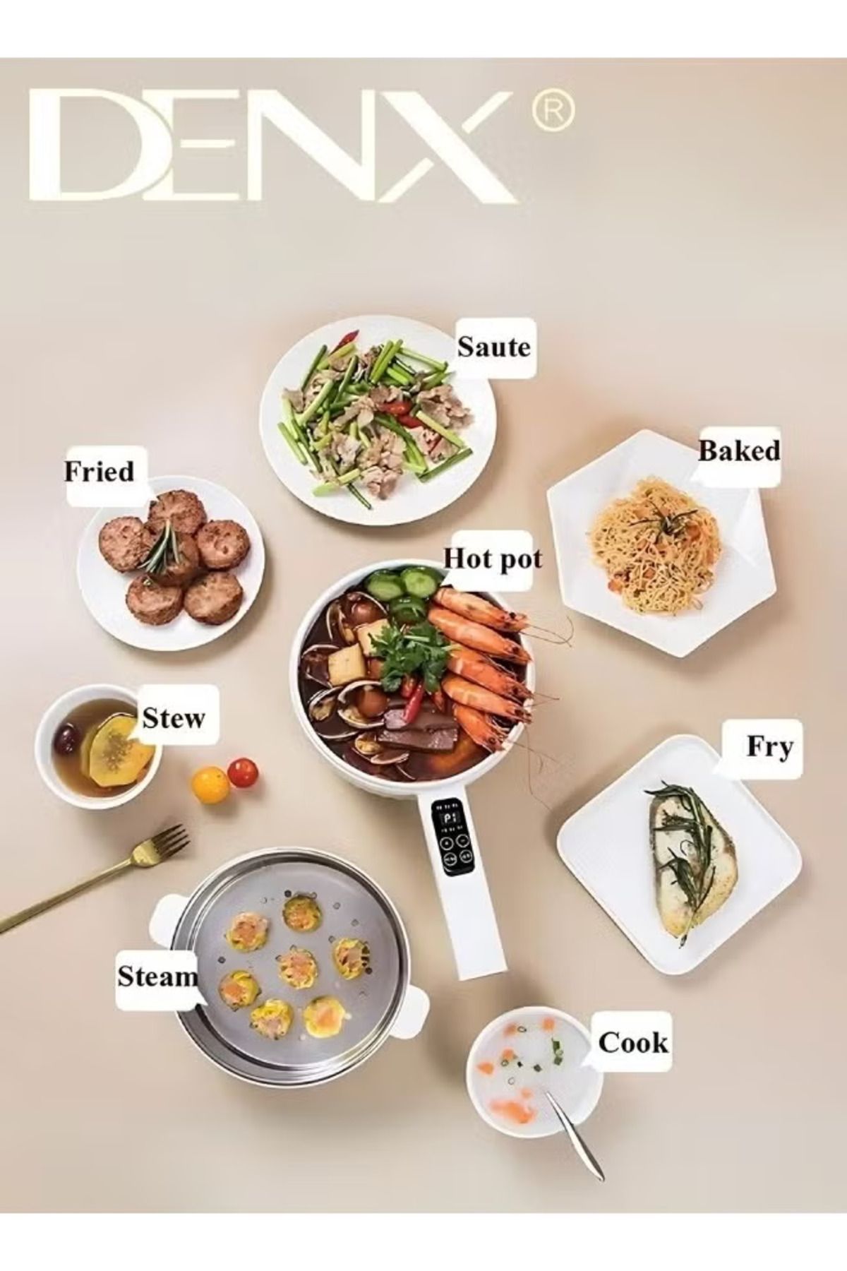 Denx-Electric Heating Pot 2L with Steamer and Temperature Control, Non-Stick Cooker, Electric Frying Pan, 3