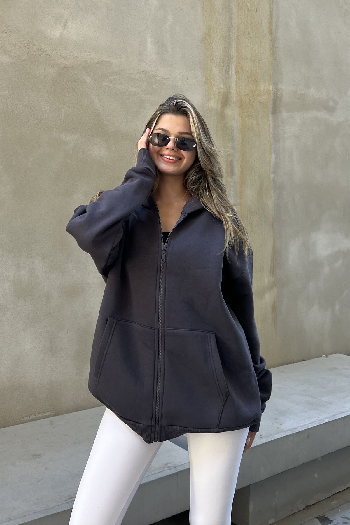 la & vetta Antrasit Kapüşonlu Oversize Fermuarlı Şardonlu Sweatshirt görsel 4