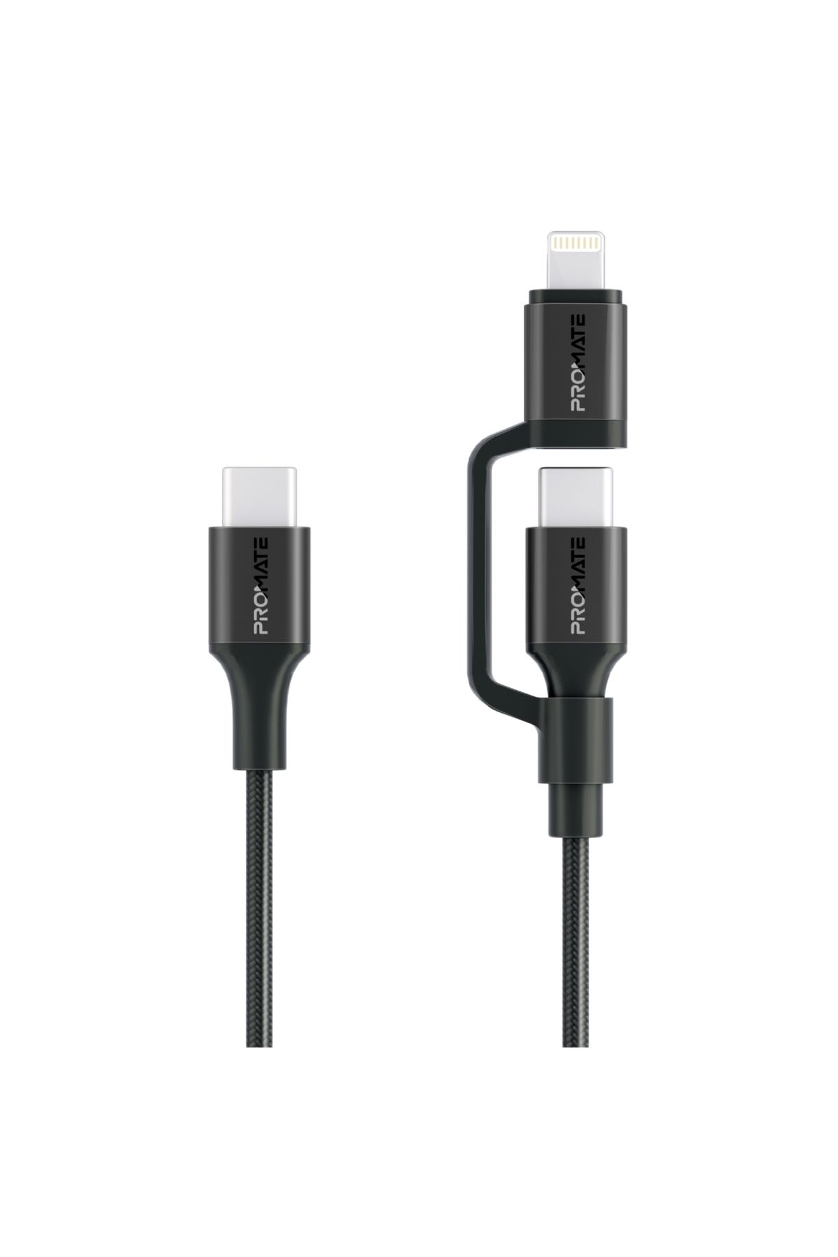 Promate-High-Speed 3-in-1 MFI Certified Lightning and USB-C Cable, 60W USB-C and 27W Lightning Outpu 1