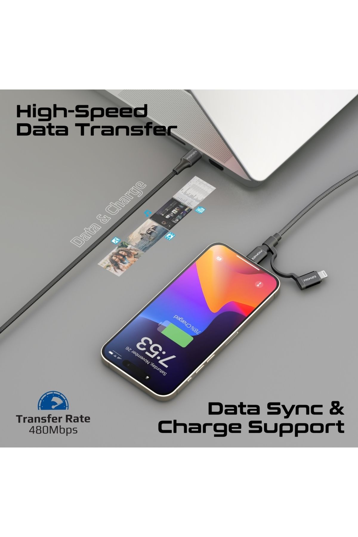 Promate-High-Speed 3-in-1 MFI Certified Lightning and USB-C Cable, 60W USB-C and 27W Lightning Outpu 6