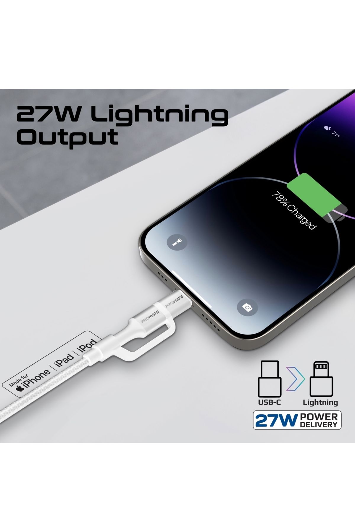 Promate-High-Speed 3-in-1 MFI Certified Lightning and USB-C Cable, 60W USB-C and 27W Lightning Outpu 5
