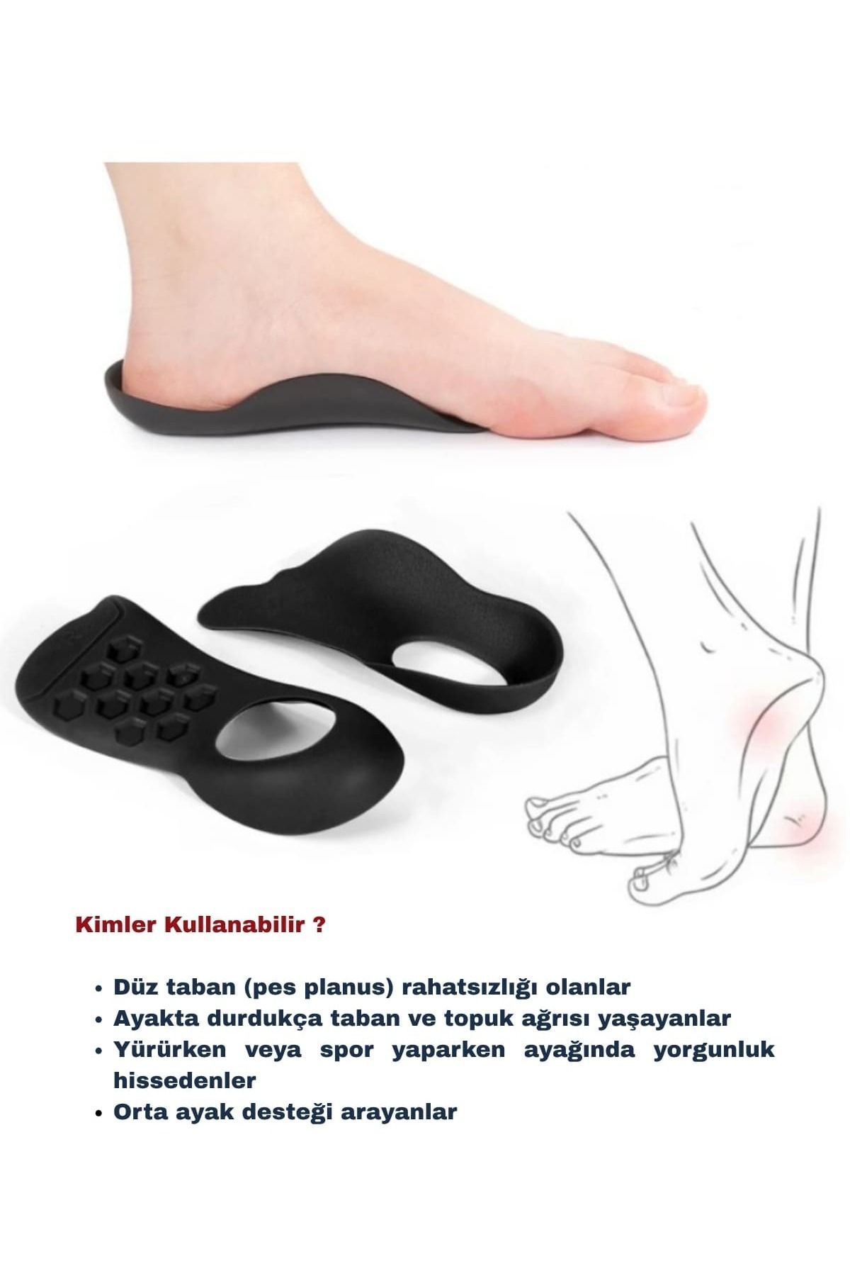 TopukPro Ortopedik Düz Taban Düzeltici Silikon Tabanlık – Ayak Kavis ve Topuk Destek Ped (1 Çift Siyah)