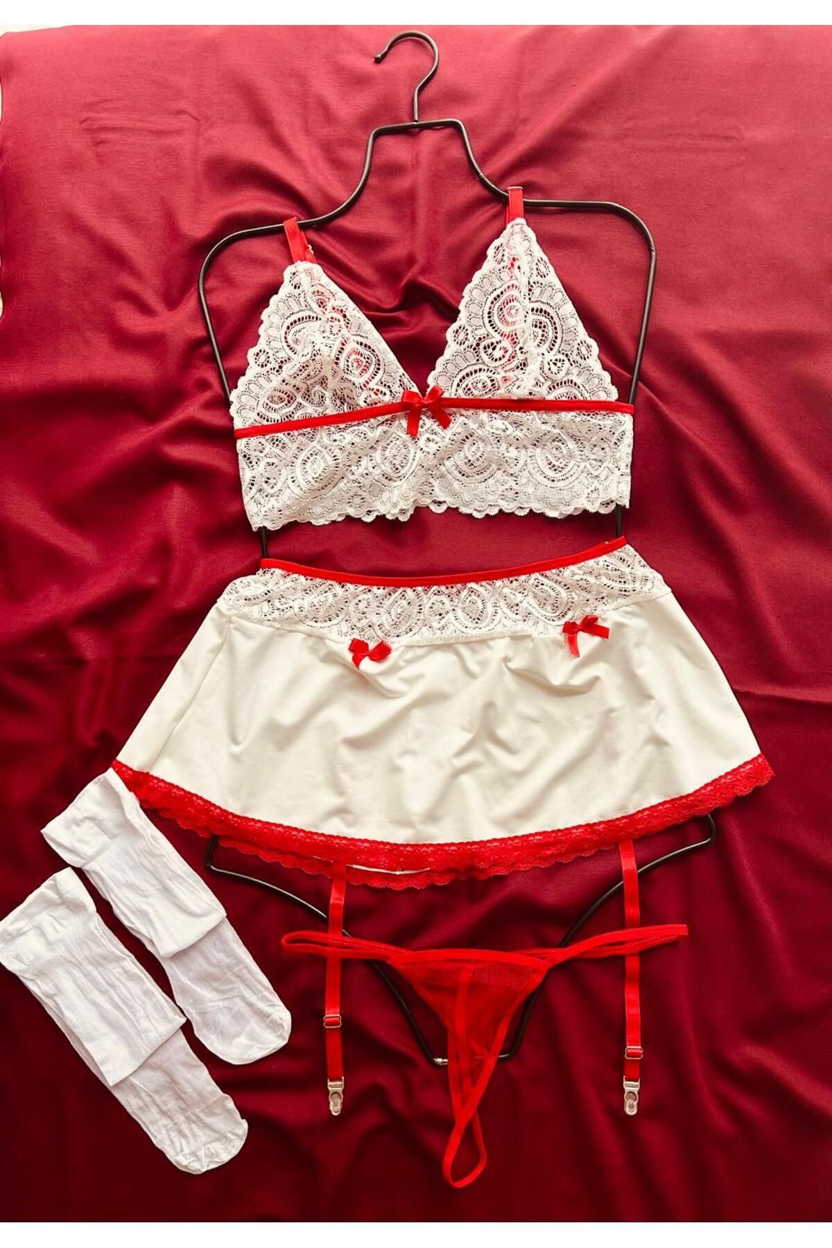 DESİLE-Model Asistentă Model Roșu-alb Set Costum Asistentă Fancy 4