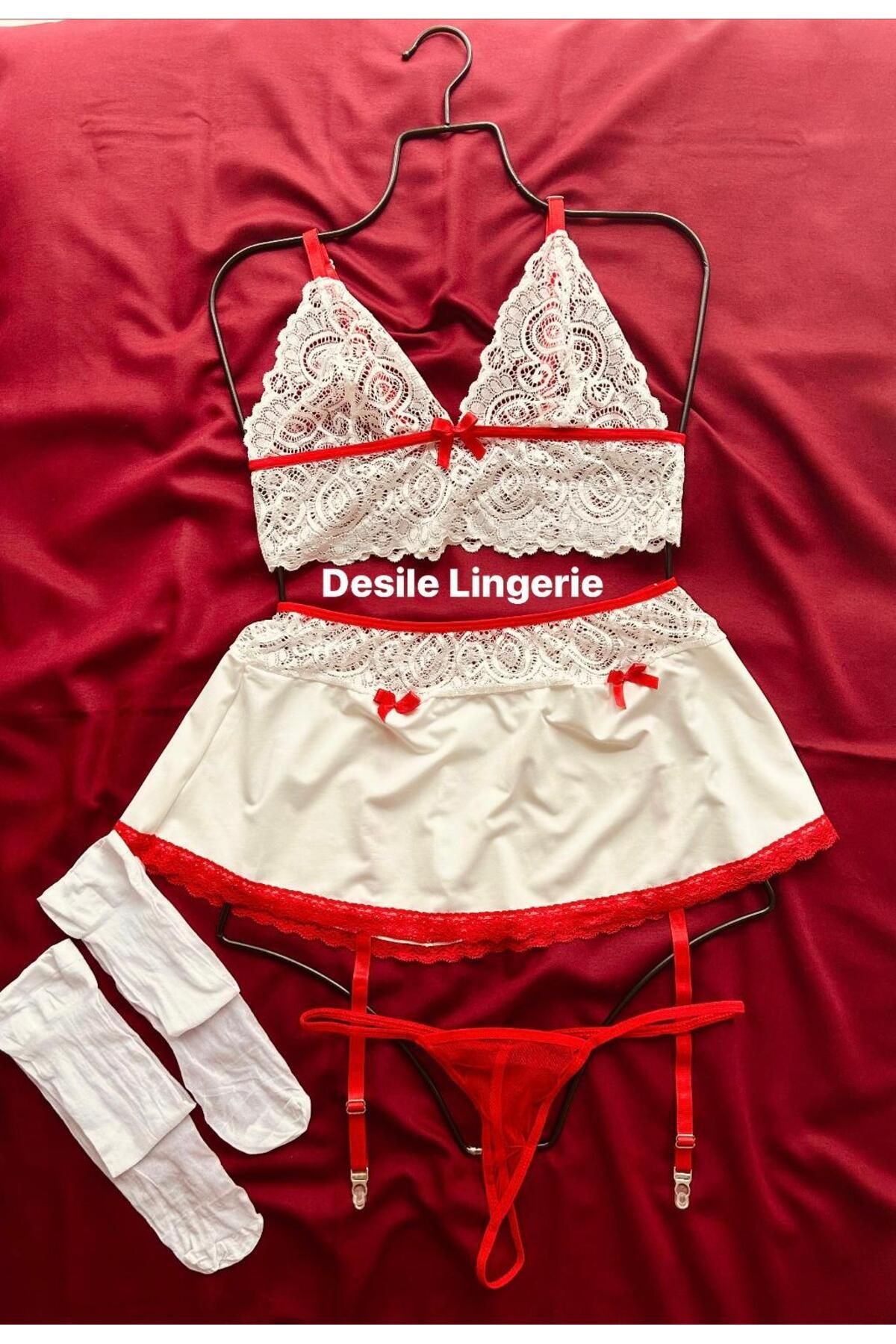 DESİLE-Model Asistentă Model Roșu-alb Set Costum Asistentă Fancy 6