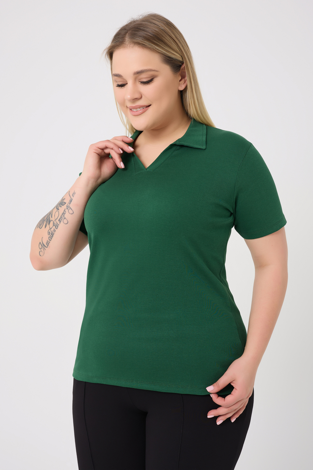 Curve Plus Size Women's Cotton Lycra V-Neck Basic Plain Short Sleeve Green Blouse