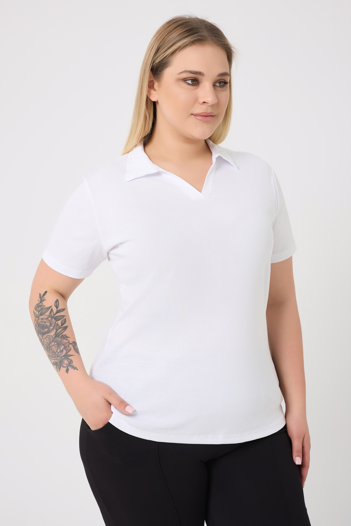 Curve Plus Size Women's Cotton Lycra V-Neck Basic Plain Short Sleeve White Blouse