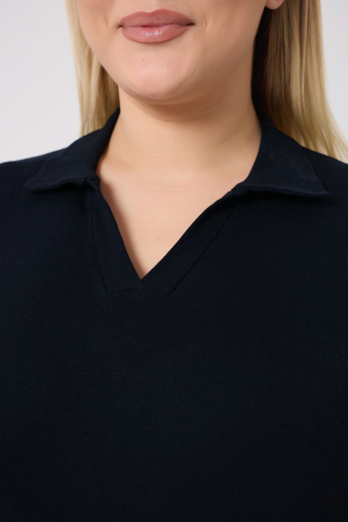 BANEGA-Bluză Curve Plus Size pentru femei, bumbac, lycra, cu decolteu în V, de bază, solidă, cu mânecă scurtă, albastru bleumarin 4
