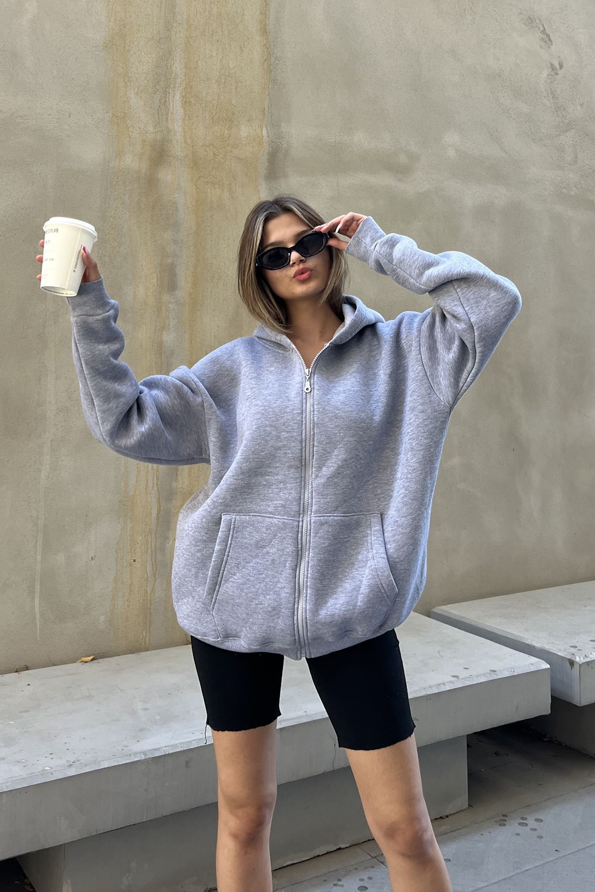 la & vetta  Gri Kapüşonlu Oversize Fermuarlı Şardonlu Sweatshirt - Görsel 4