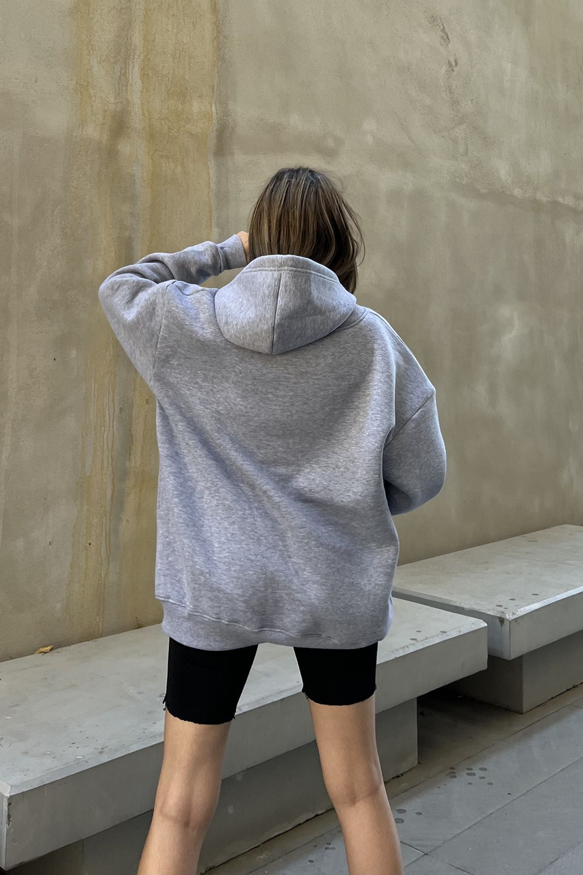 la & vetta  Gri Kapüşonlu Oversize Fermuarlı Şardonlu Sweatshirt - Görsel 6