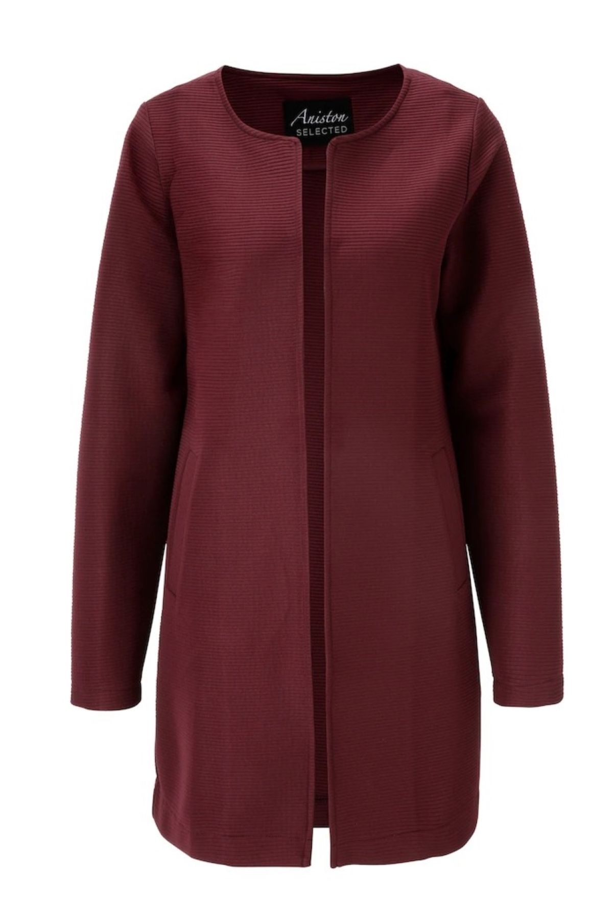 Şans Kadın Büyük Beden Bordo, Yuvarlık Yakalı, Uzun Kollu, Welt Cepli, Kapamasız Blazer Ceket 65N38998