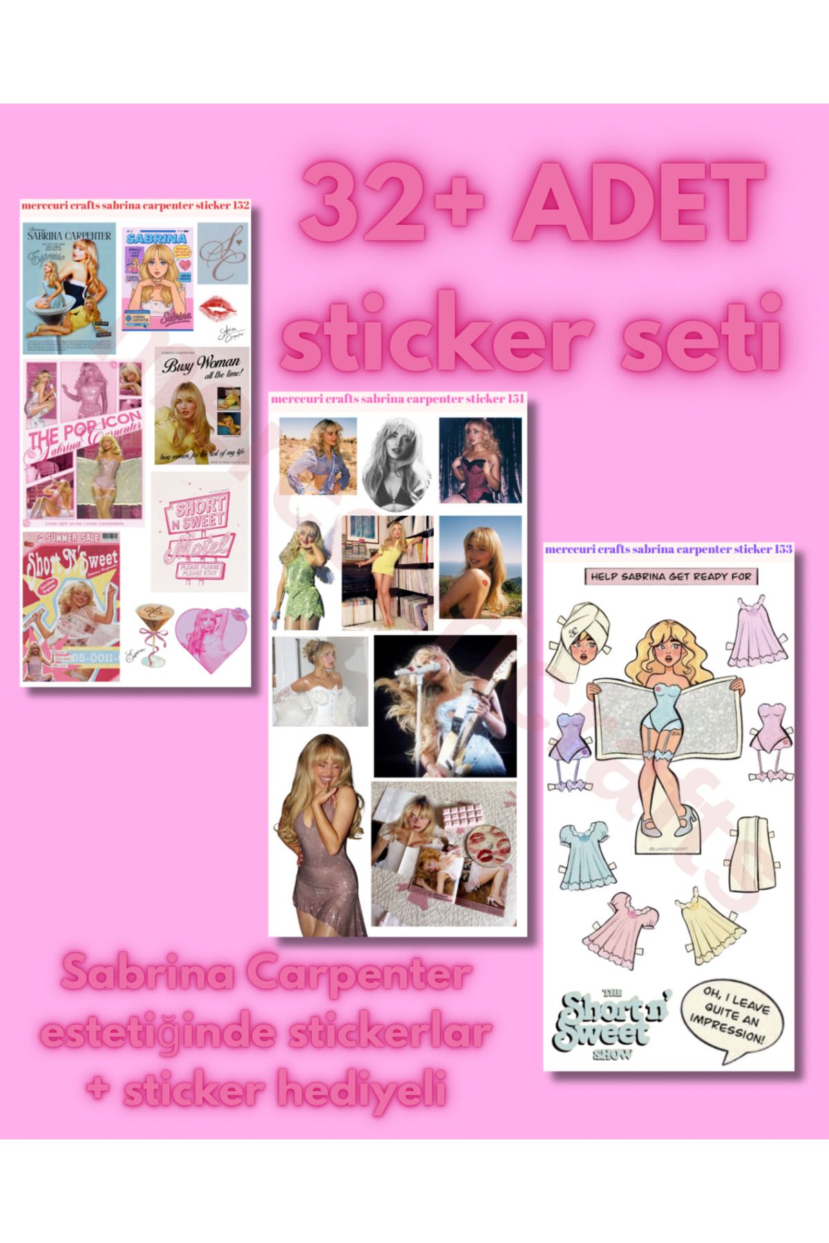 merccuri crafts Sabrina Carpenter Sticker Seti (32+ adet Yüksek Kaliteli) - Defter Ajanda, Laptop, Scrapbooking için