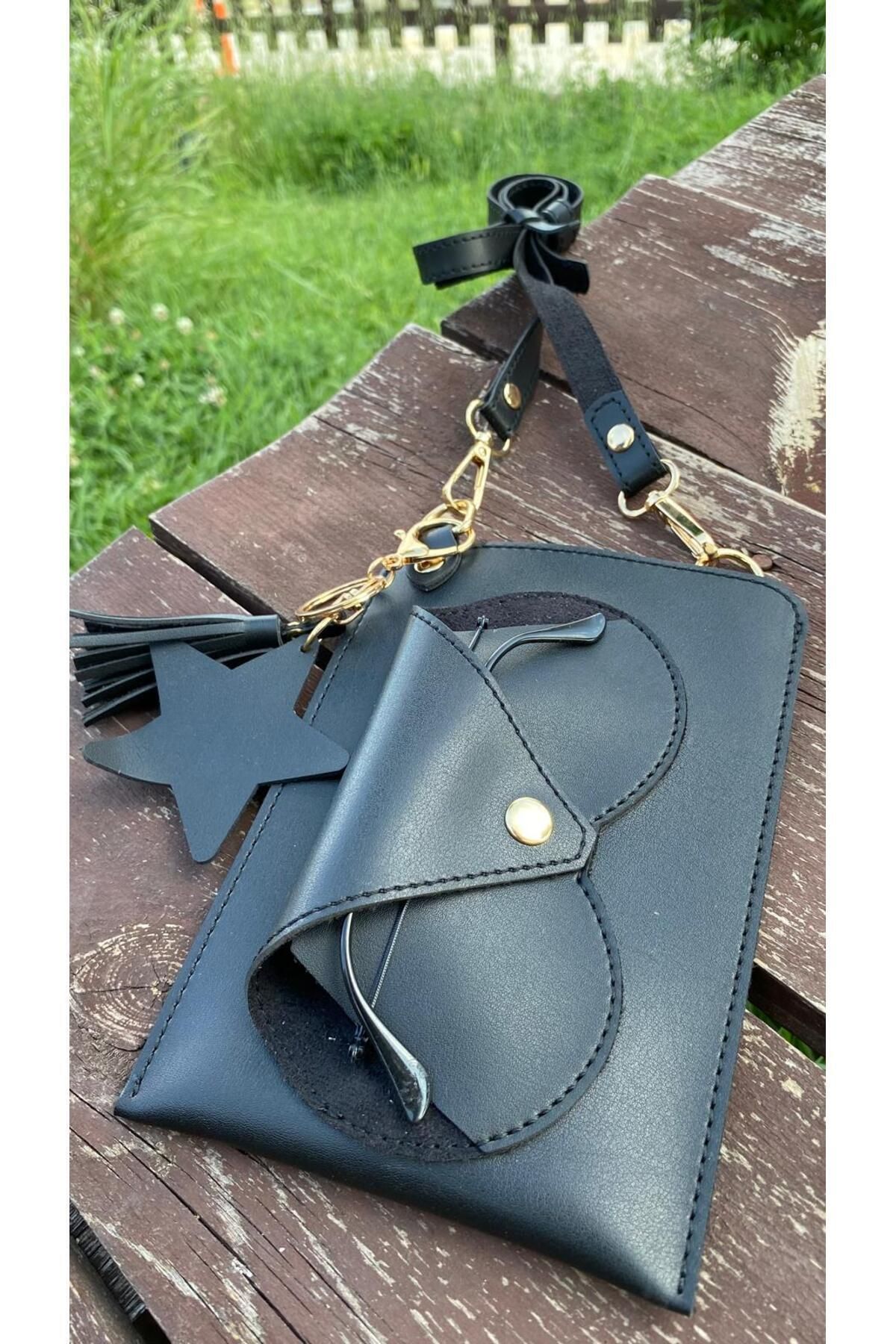 Atölyezümra Gözlük Kılıflı,kart Bölmeli,telefon Çantası.püsküllü Yıldız Charm Anahtarlık Hediye ( Siyah )