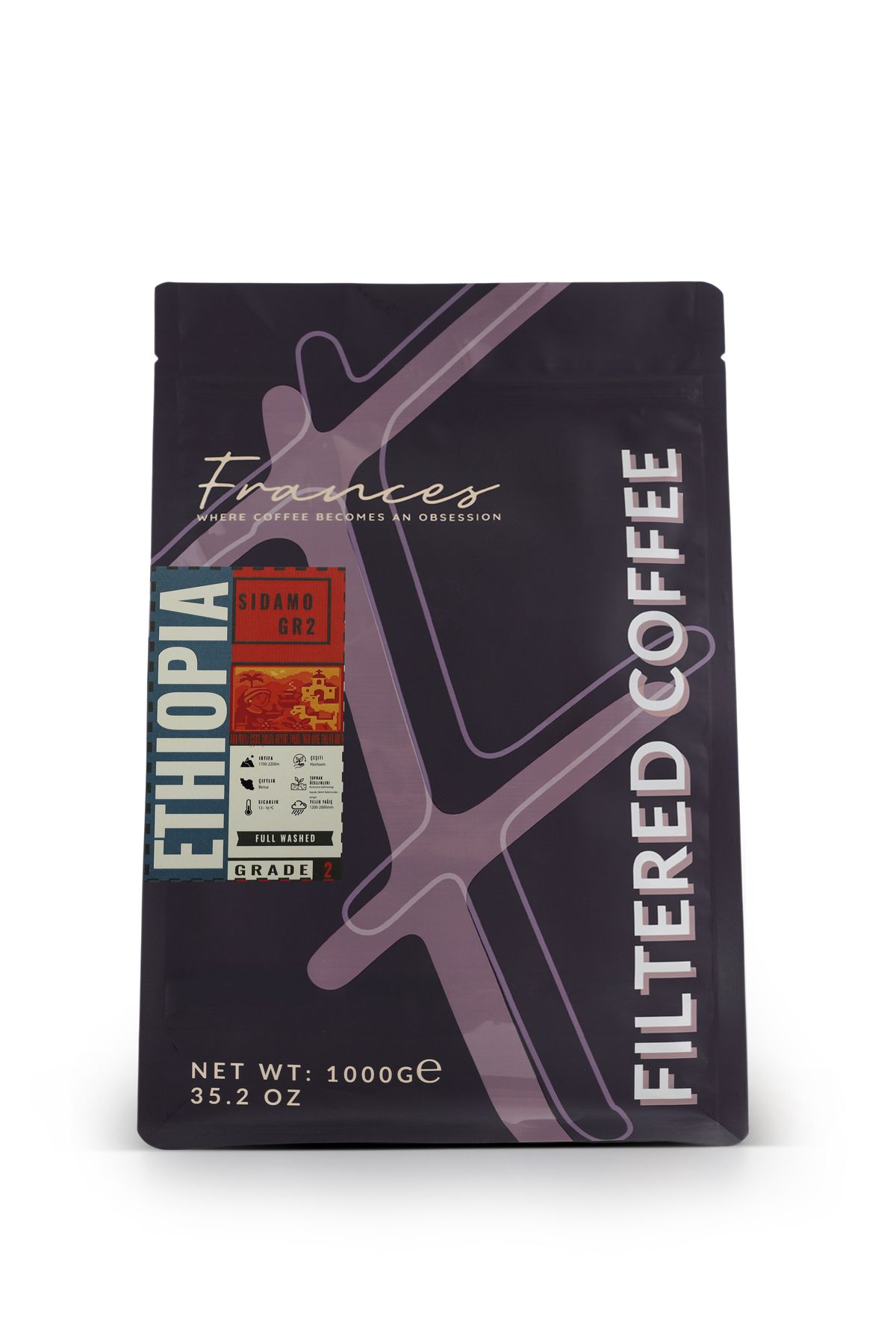 FRANCES %100 Arabica Ethiopia Sidamo Gr2 | Çekirdek Filtre Kahve | 1kg | Düşük Asidite