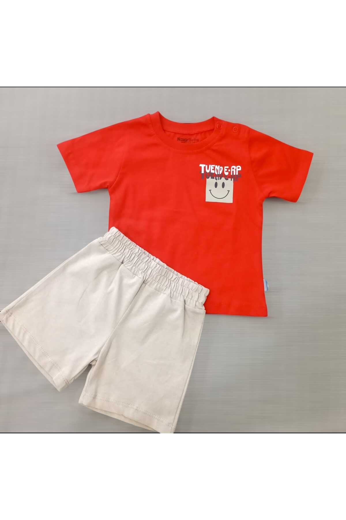 Bublykids Kırmızı Gülen Yüz Baskılı Süprem Takım Çıtçıtlı Şort Tişört Takım Kırmızı
