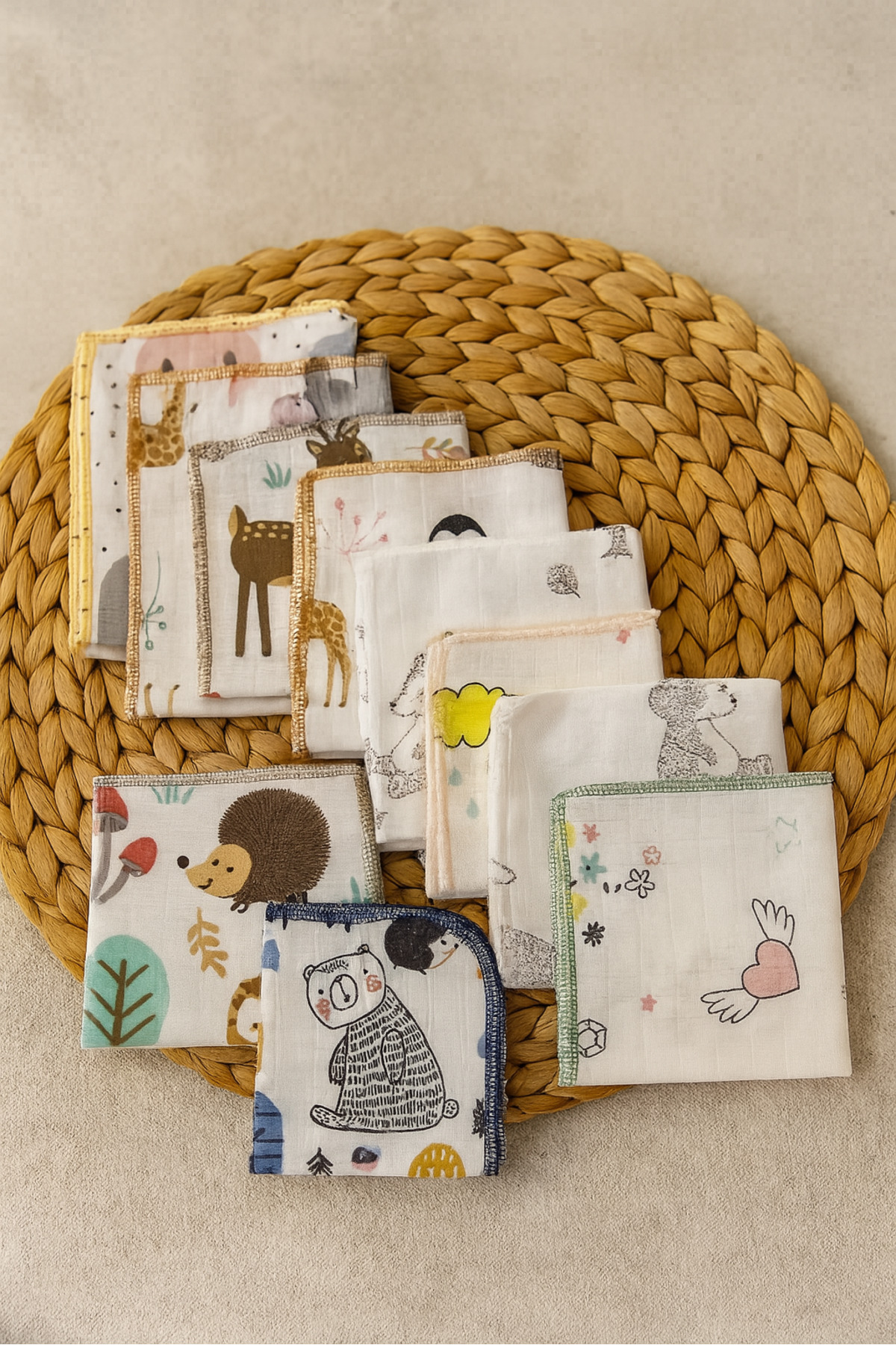 Fox&Sky 10’lu Desenli Müslin Bebek Ağız Mendili %100 Pamuk 25x25 Cm - Organik Pamuk