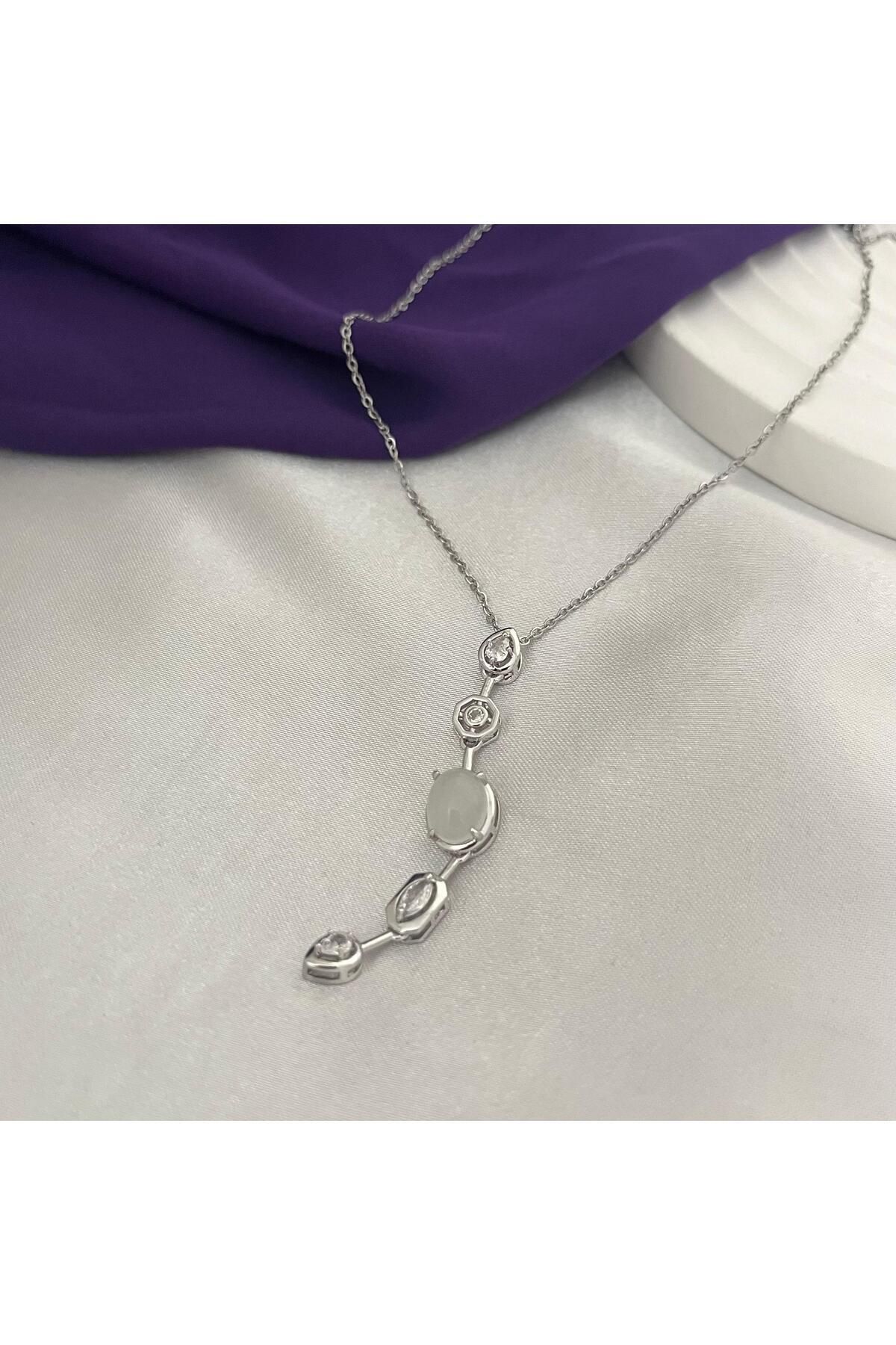 Violet Takı Beyaz Zirkon Taşlı 316L Kararmaz Çelik Y Kolye