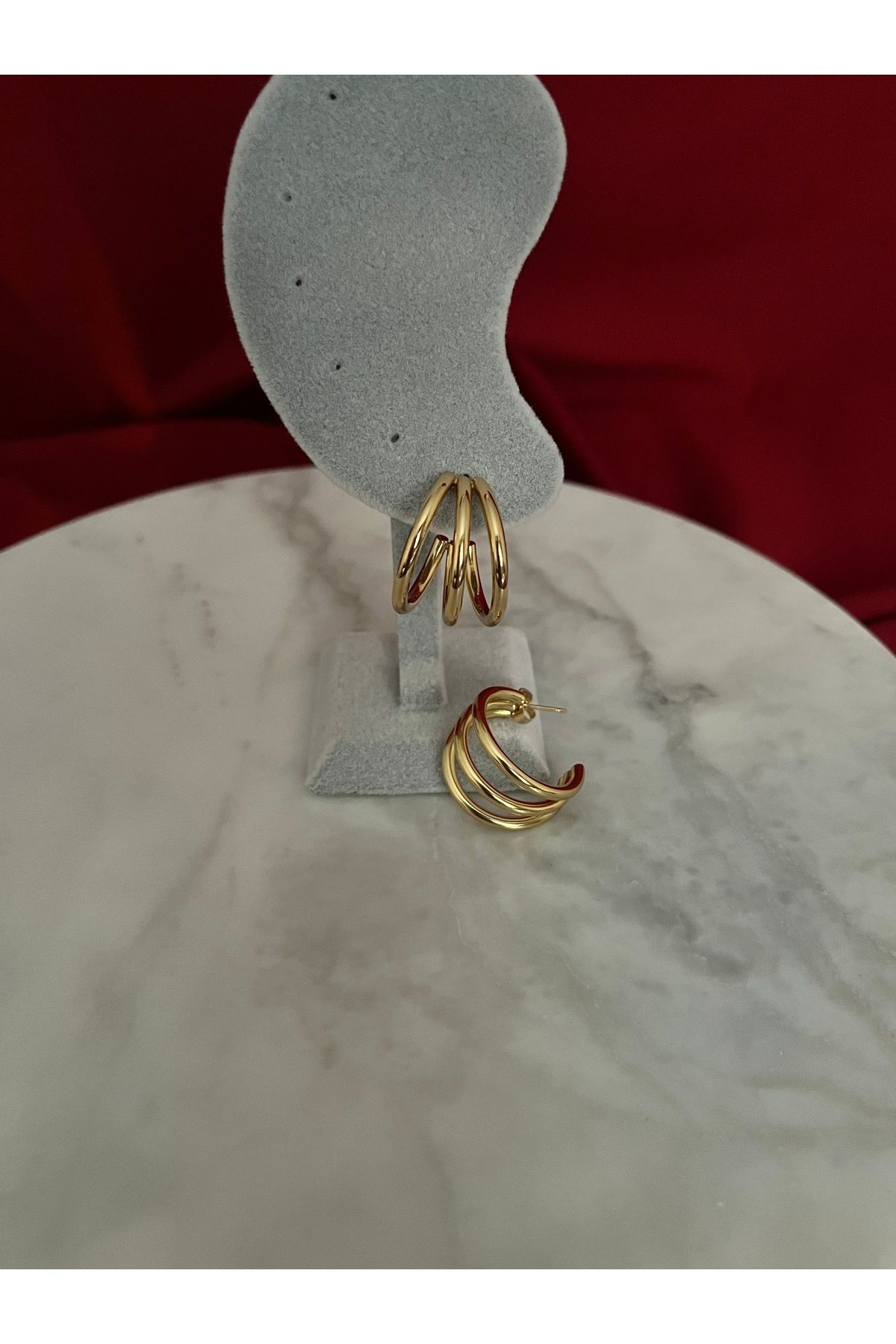 AKSESUARIM Gold 3 Sıralı Bombeli Halka Küpe – Kararmaz Çelik