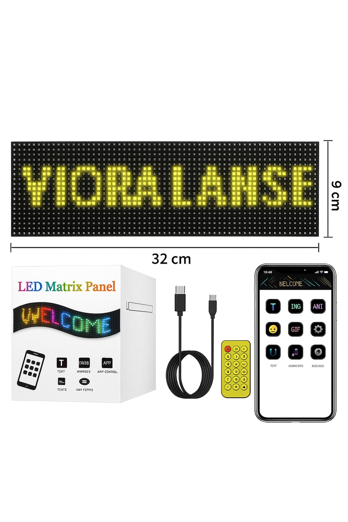 VİORA LENSE RGB Akıllı LED Yazı Ekranı – Uygulama Kontrollü, Araba Camı İçin, Renkli Kayan Yazı Paneli