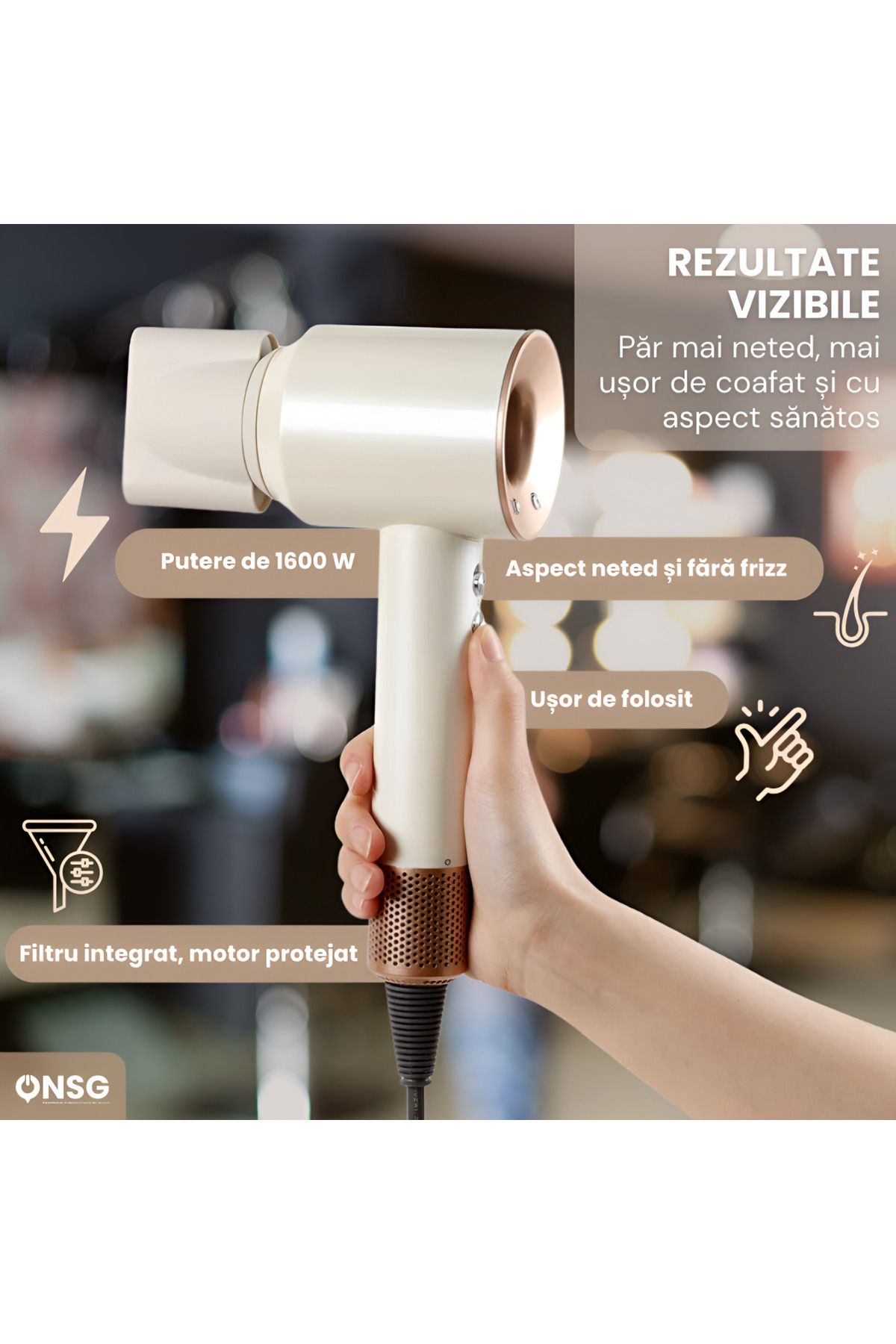 ONSG-Premium Hair Dryer, Fast Drying Anti-frizz With Negative Ions, Ceramic Technology, White 3