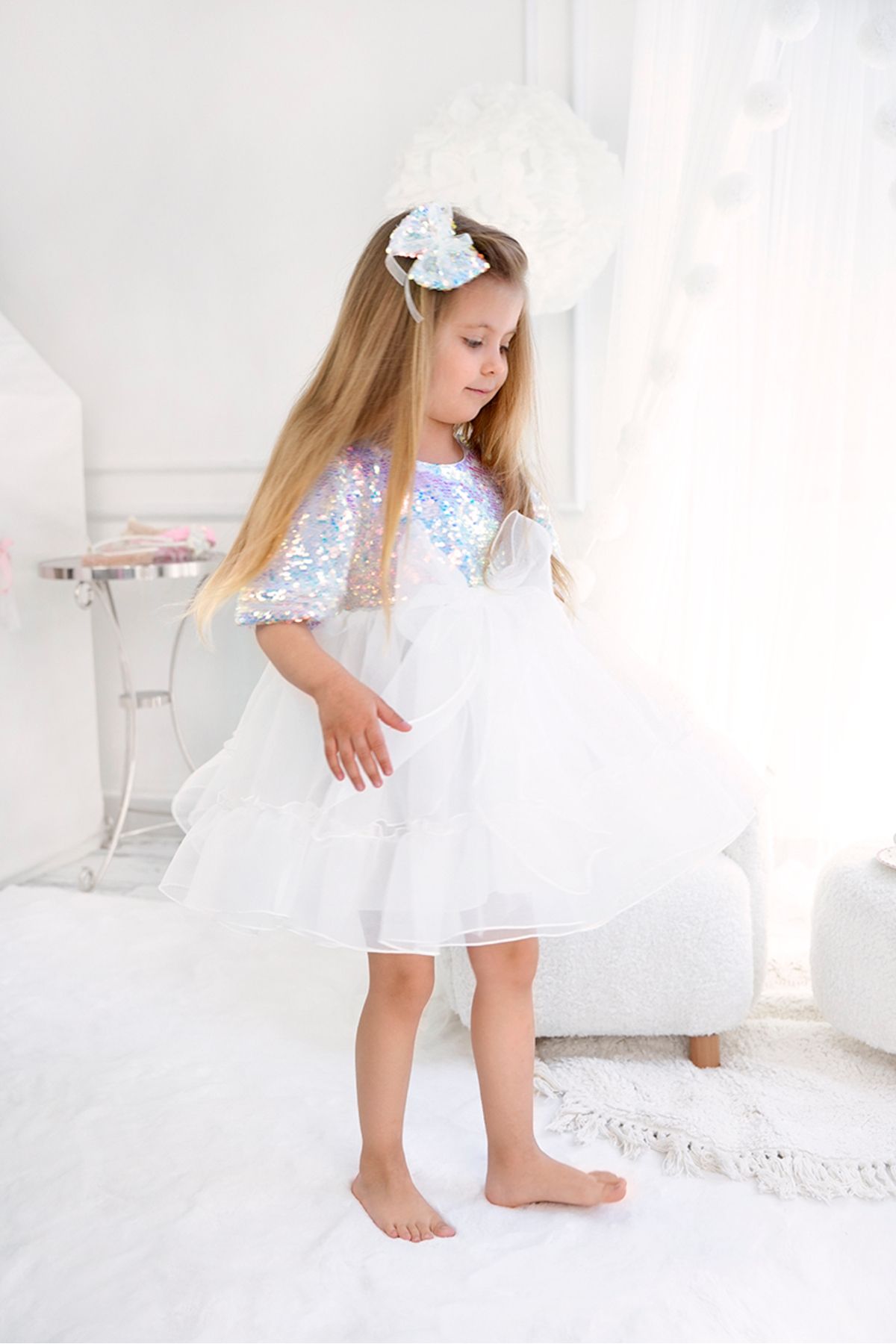DUCA KIDS-Λευκό φόρεμα Dreams με λαμπερό φιόγκο 4