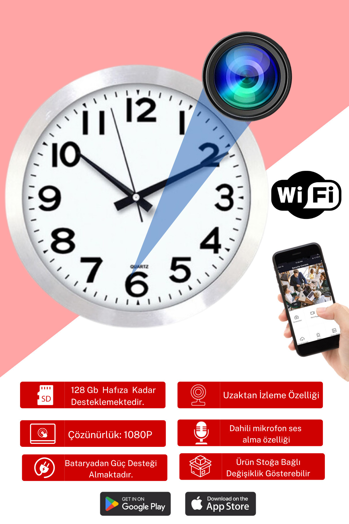 Viontra Tech Saat Kamera Bebek İzleme Kamerası Güvenlik Akıllı Wifi