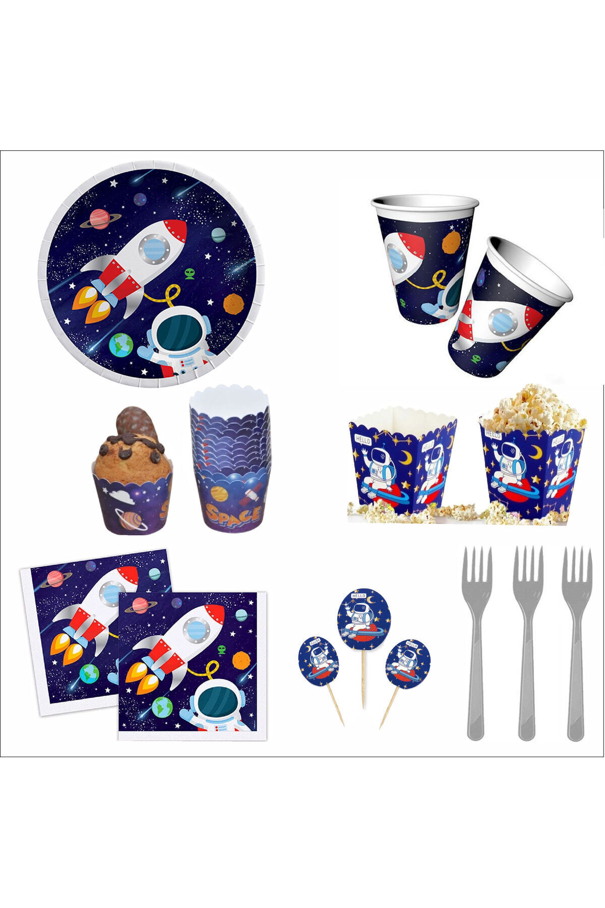 ZENVİVA UZAY TEMALI TABAK, BARDAK, ÇATAL, PEÇETE, KEK KAPSÜLÜ, MISIR K, KÜRDAN SETİ