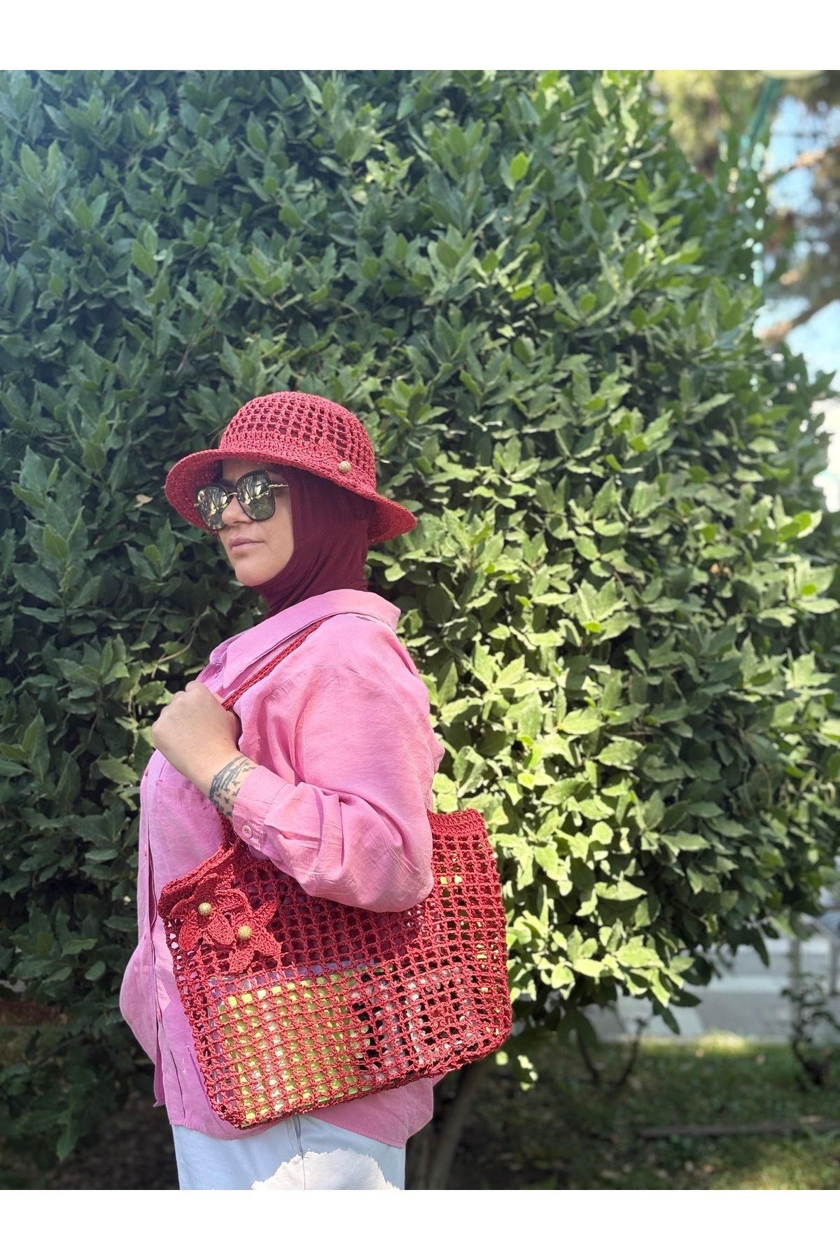 simarikcraft El Yapımı Kâğıt İp Çanta ve Şapka Takımı – Tığ İşi, Yazlık, File Model, Çiçek Detaylı