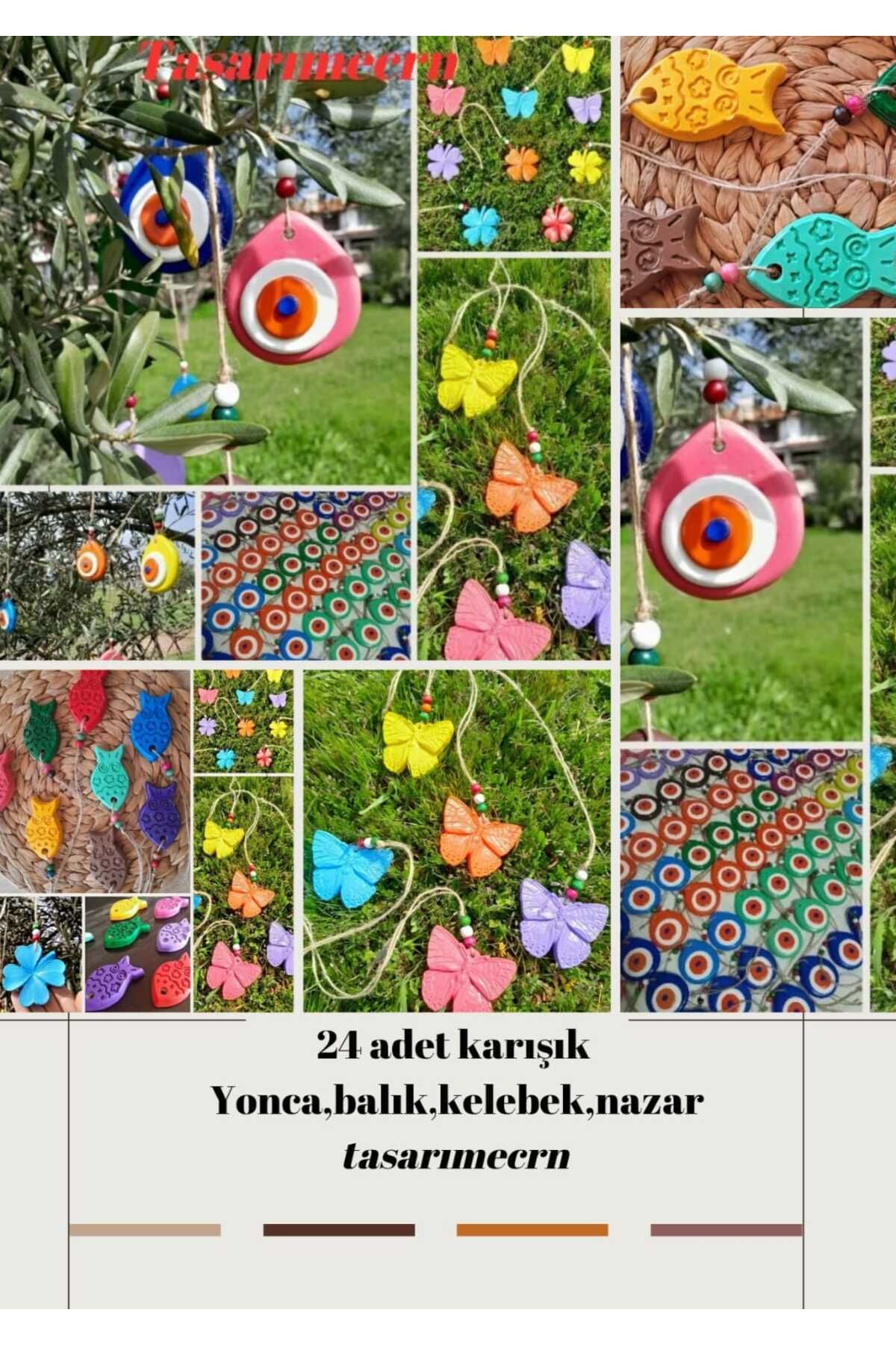 TASARİMECRN 15 Adet El yapımı Asmalı Nazar Boncuğu, Kelebek, Yonca, Balık Balkon Bahçe Ağaç Süsü duvar süsü