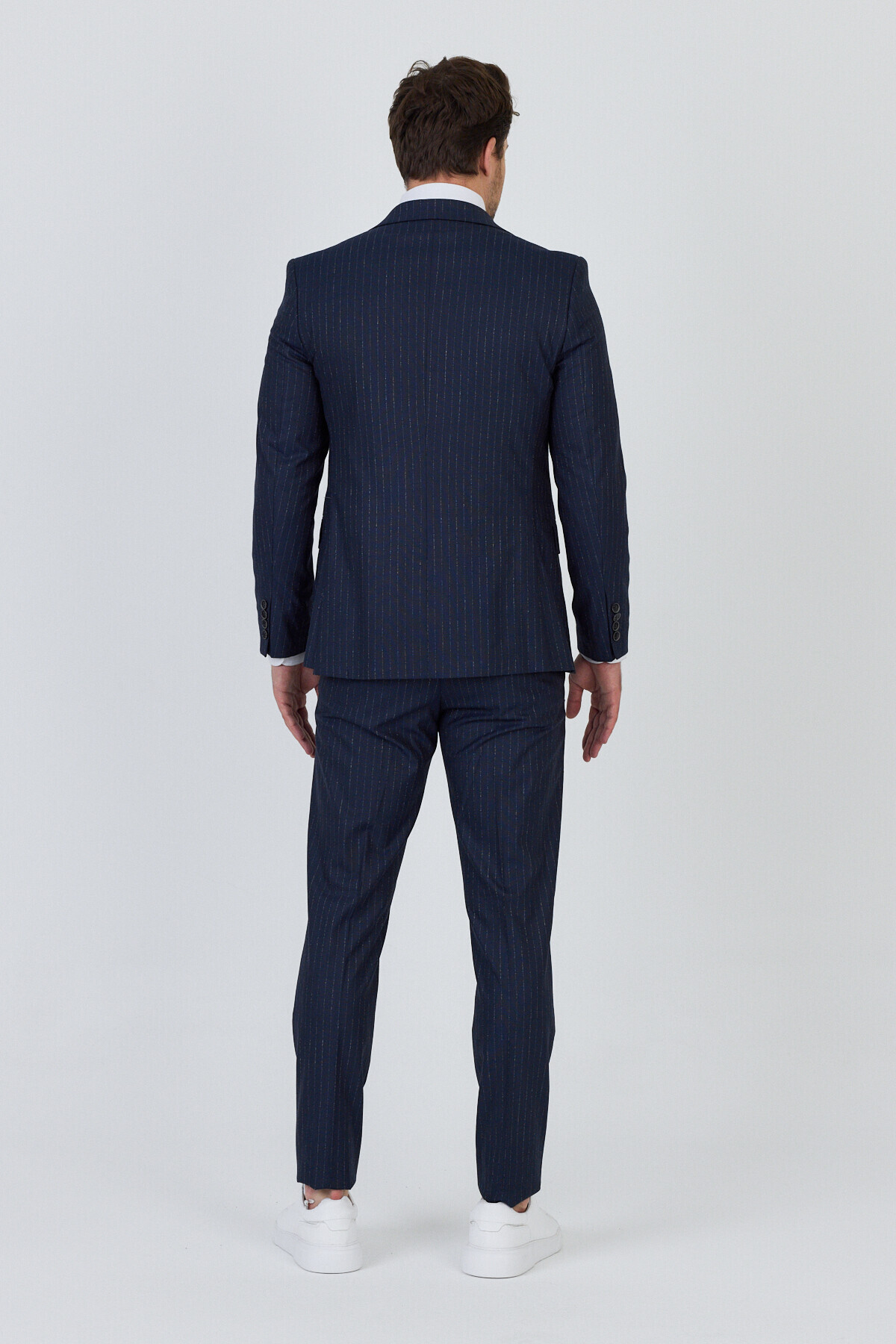 Frappoli Ateca Erkek Lacivert İtalyan Çizgili Ceket+Pantolon+Yelekli Slim Fit Takim Elbise görsel 6