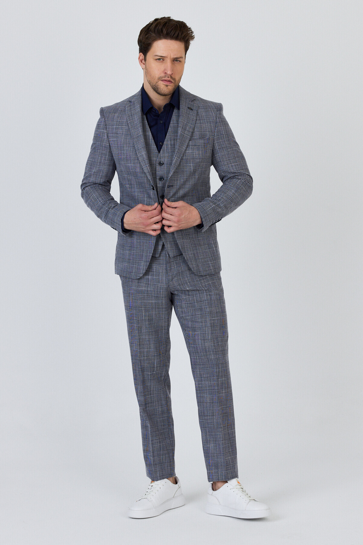 Frappoli Biglia Men's Dark Navy-Gray Jacket+Trousers+Vest Double Slit Slim Fit Suit