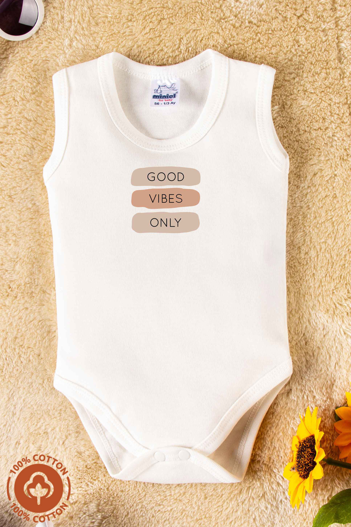 miniel organic Unisex %100 Organik Pamuklu Good Vibes Baskılı 3-6-9-12 Ay 3Lü Kolsuz Atlet Bebek Body Zıbın fotoğrafı 2 (önizleme)