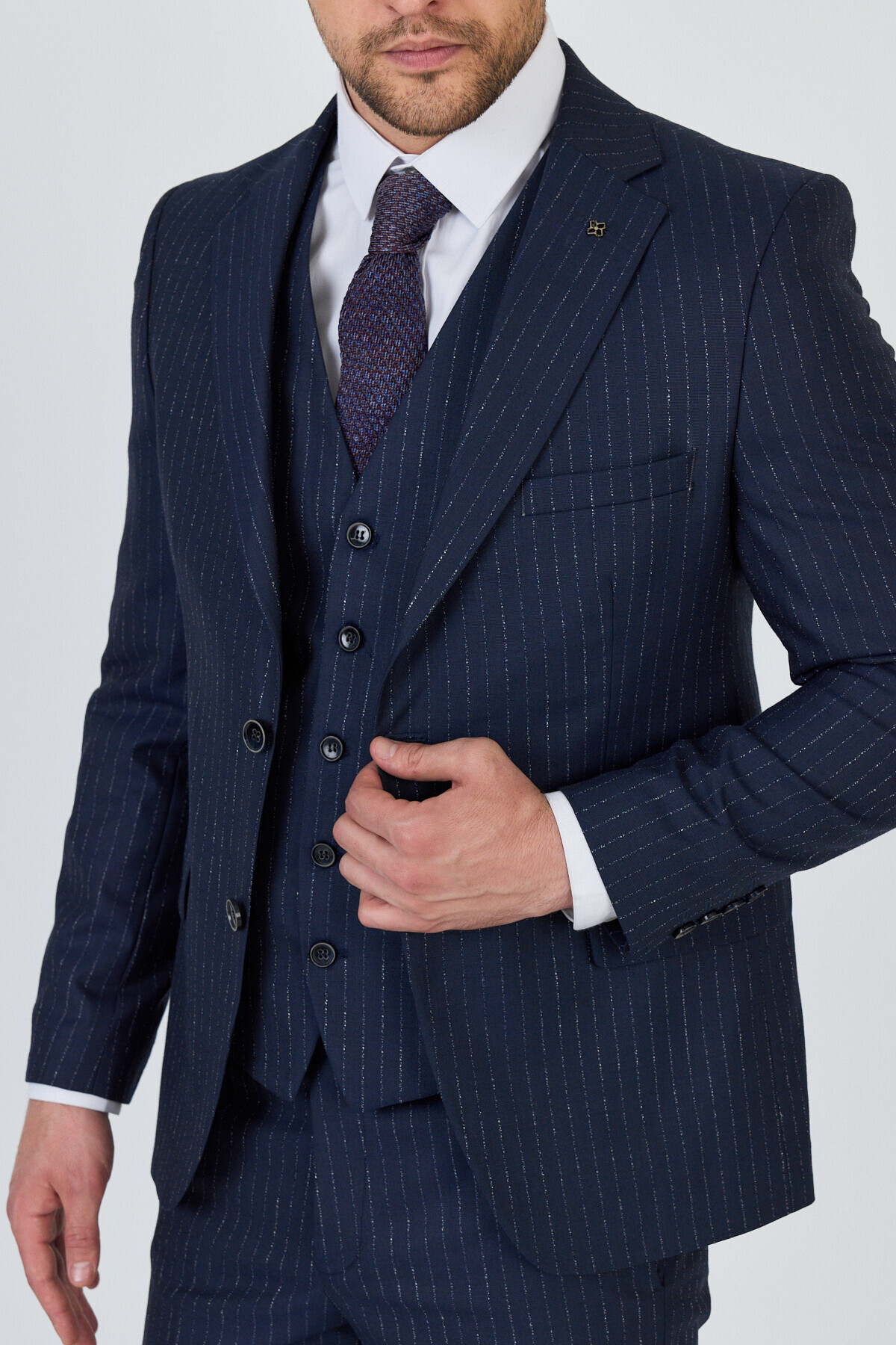 Frappoli Ateca Erkek Lacivert İtalyan Çizgili Ceket+Pantolon+Yelekli Slim Fit Takim Elbise görsel 2