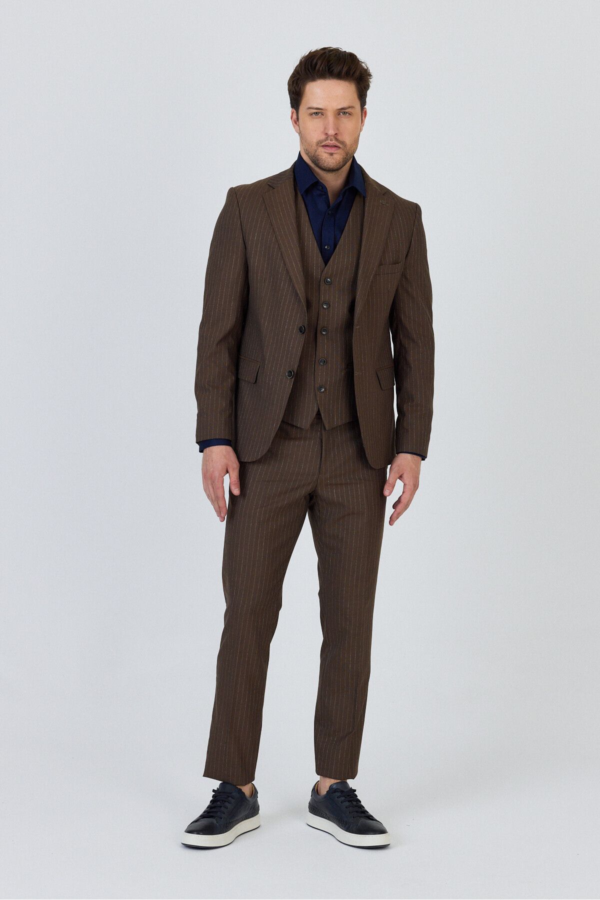 Frappoli-Ateca Men's Mustard Italian Striped Jacket+Pants+Vest Slim Fit Suit 3